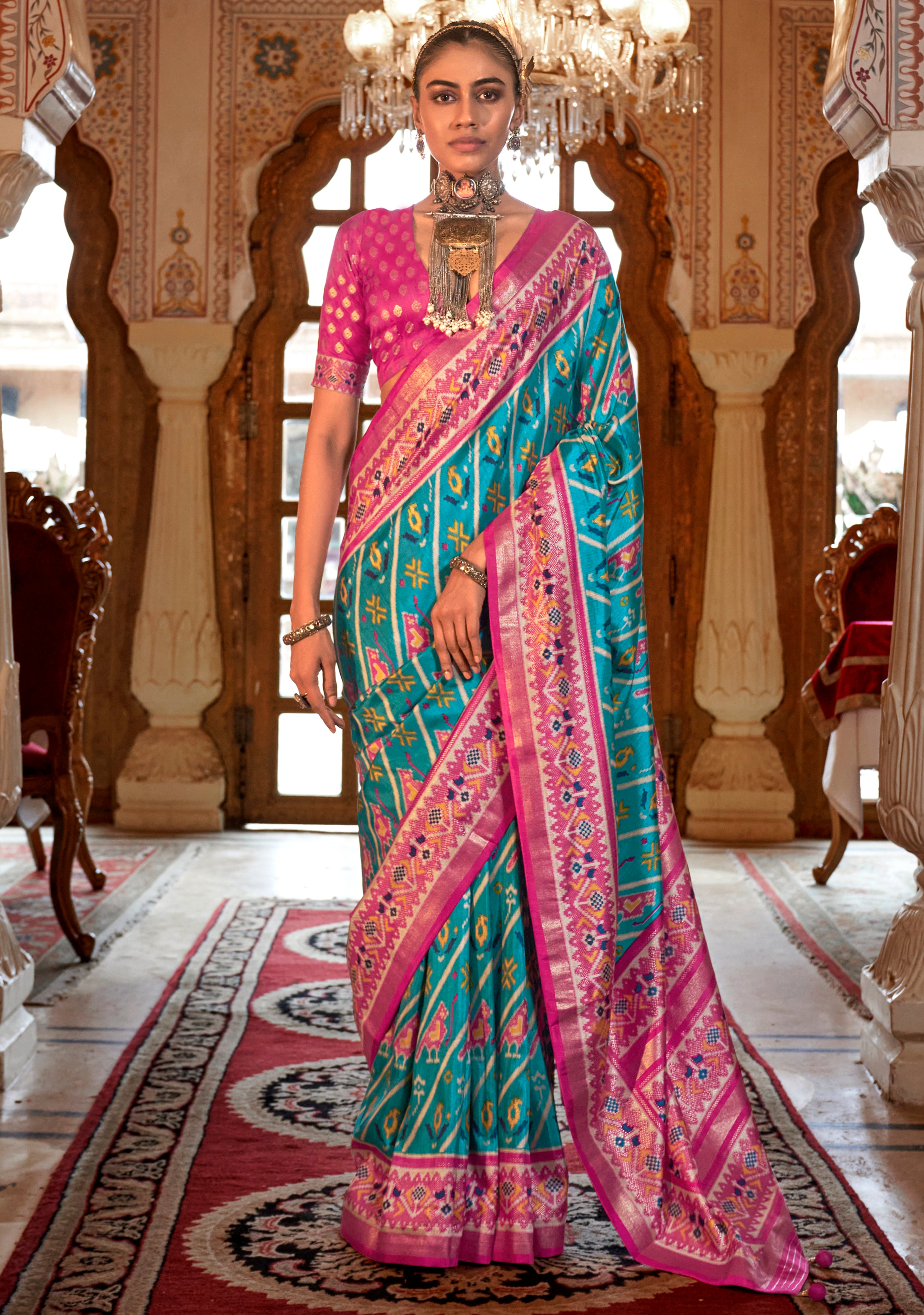 Aqua Blue Silk Saree With Digital Patola Print