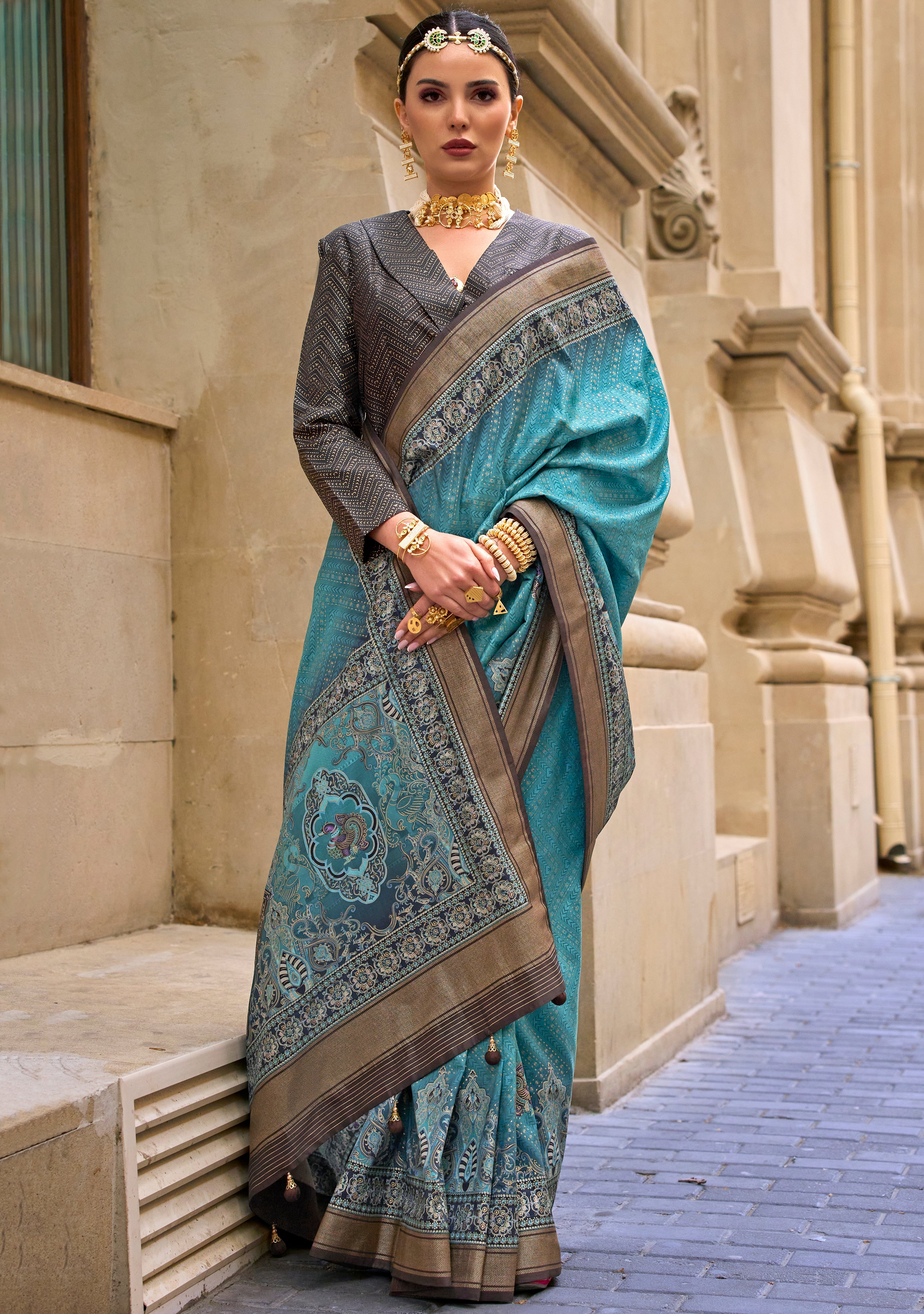 Aqua Blue Silk Saree With Foil Print