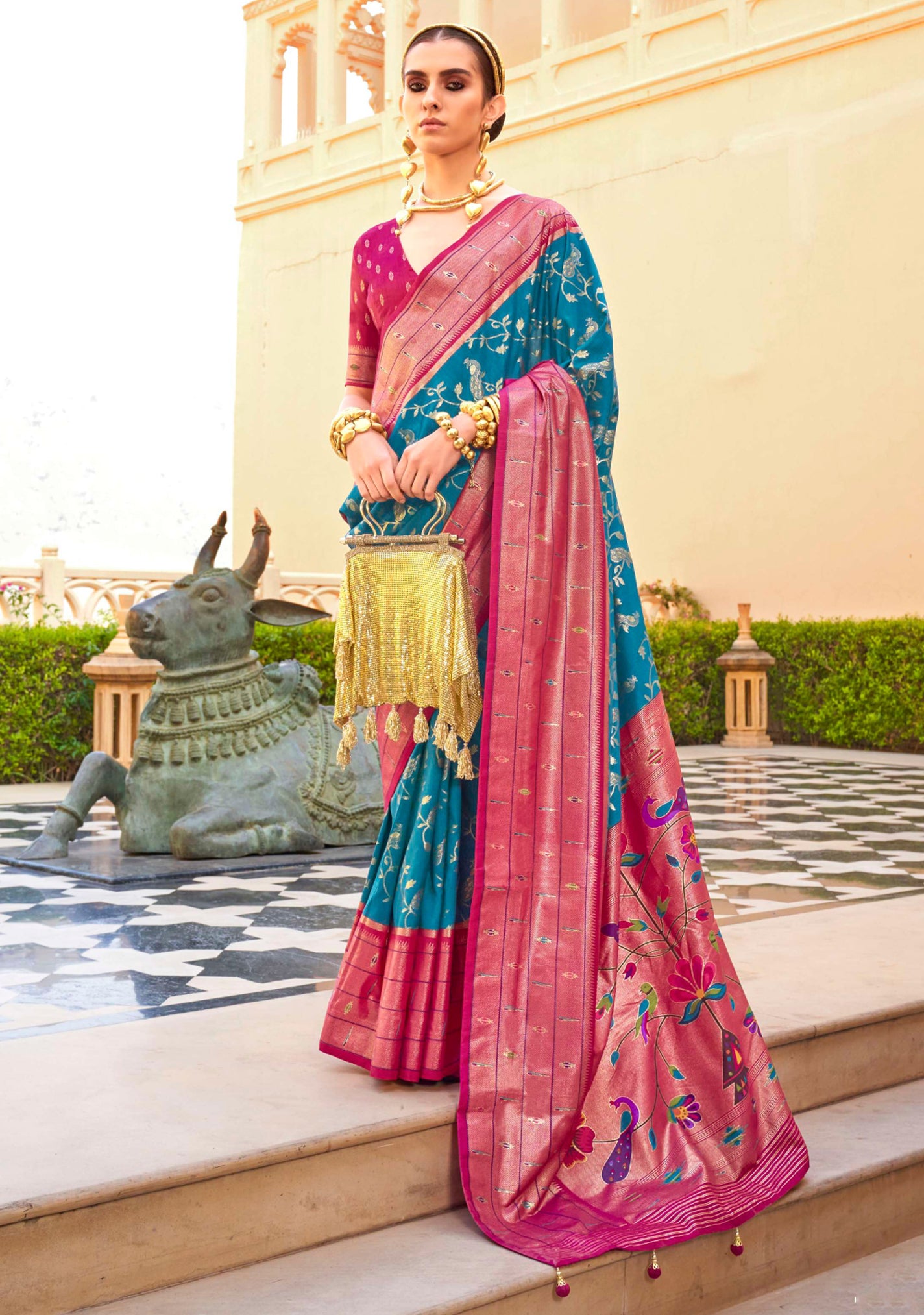 Aqua Blue Silk Saree With Jacquard Woven Work