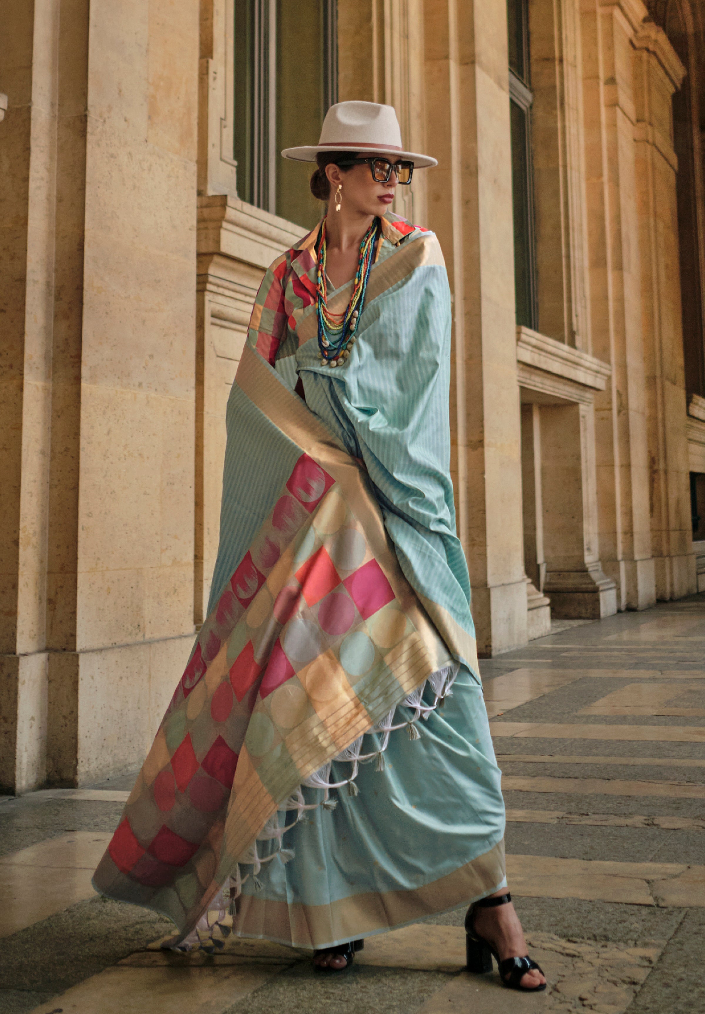 Aqua Blue Soft Handloom Silk Saree With Woven Work