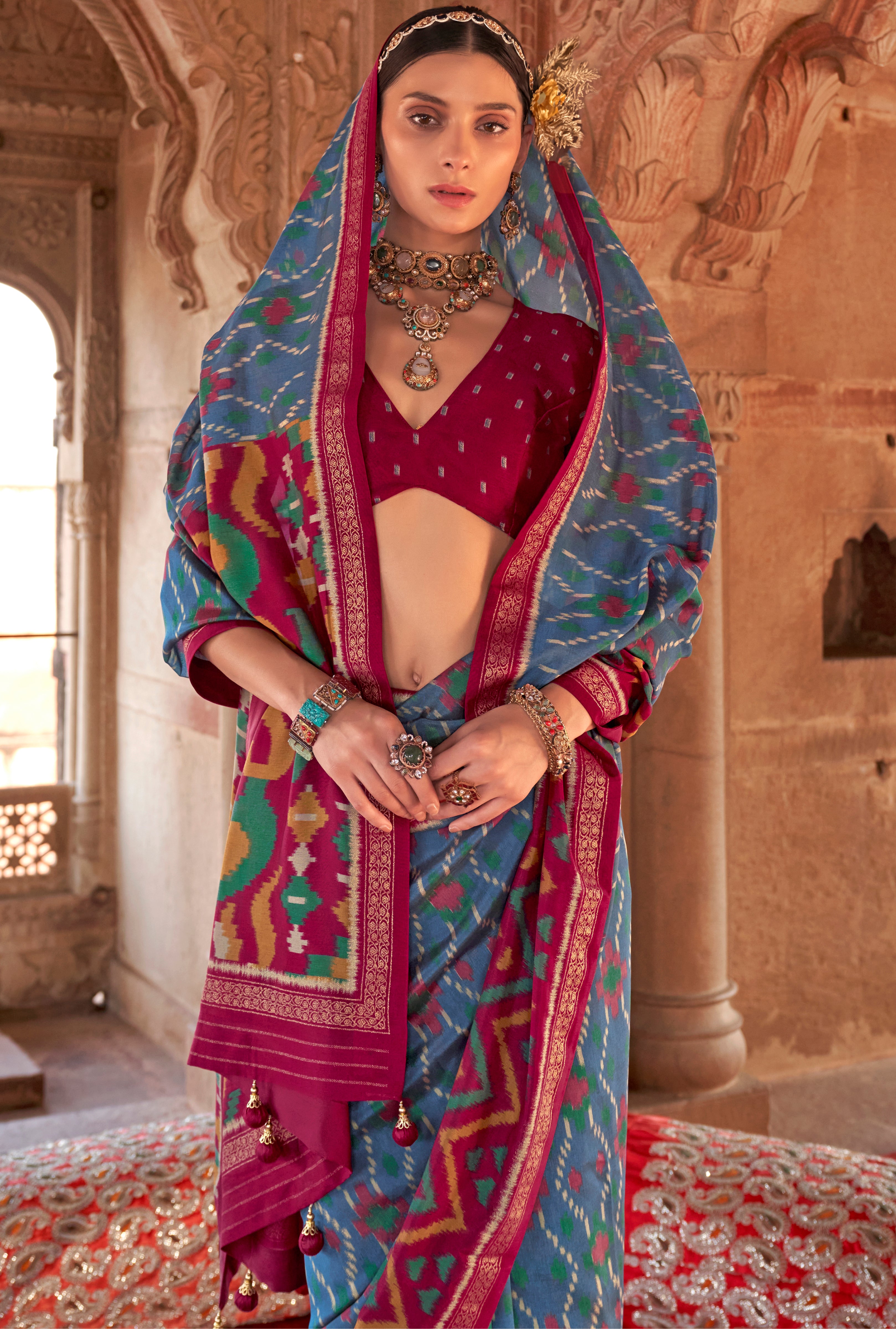 Aqua Blue Super Georgette Saree With Patola Print