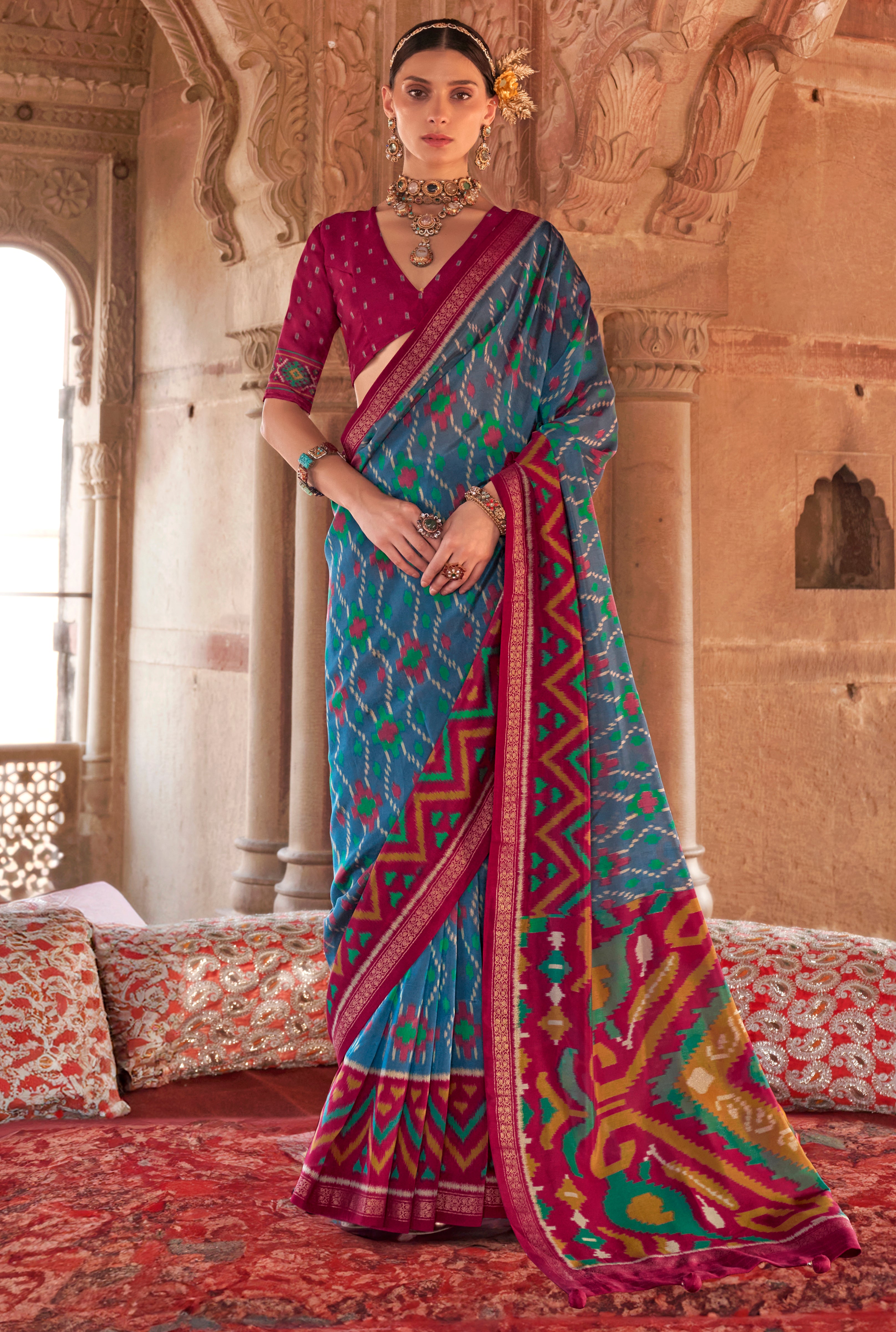 Aqua Blue Super Georgette Saree With Patola Print