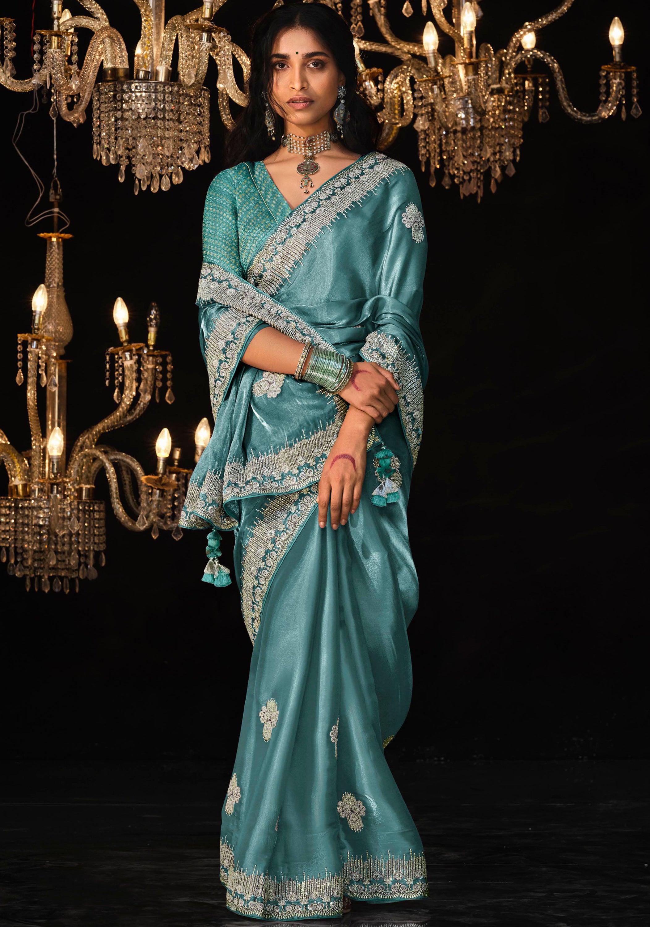 Aqua Blue Tissue Silk Saree With Heavy Thread and Zari Embroidered Work