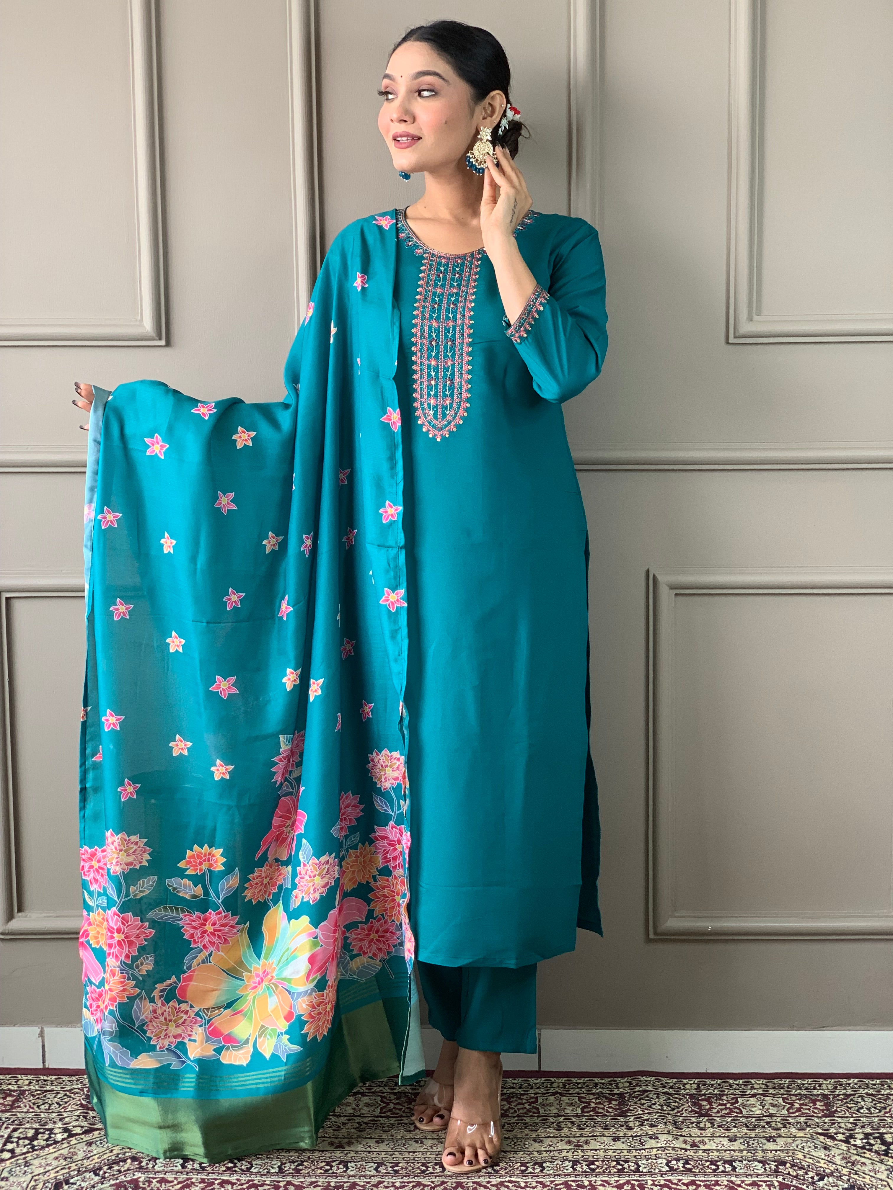 Aqua Blue Viscose Chanderi Kurta Pant With Heavy Thread Embroidery Work With Printed Dupatta