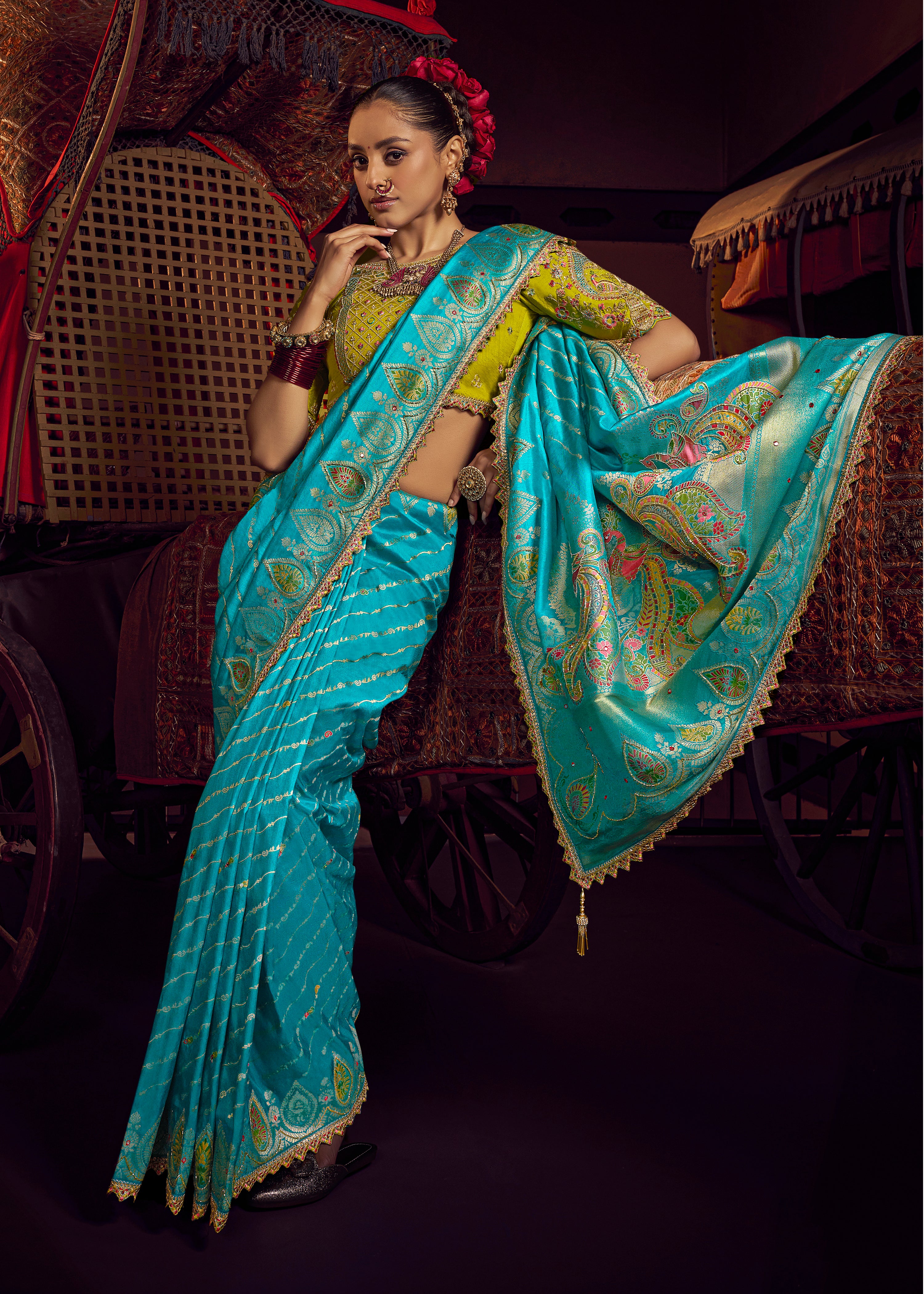 Aqua Blue Viscose Dola Saree with Hand Work and Embroidered Blouse