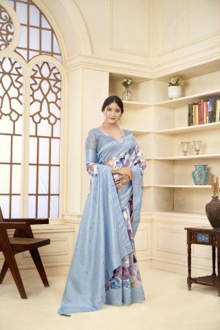 Aqua Blue Woven Jacquard Designer With Printed Rich Silk Stylish Ceremonial Saree