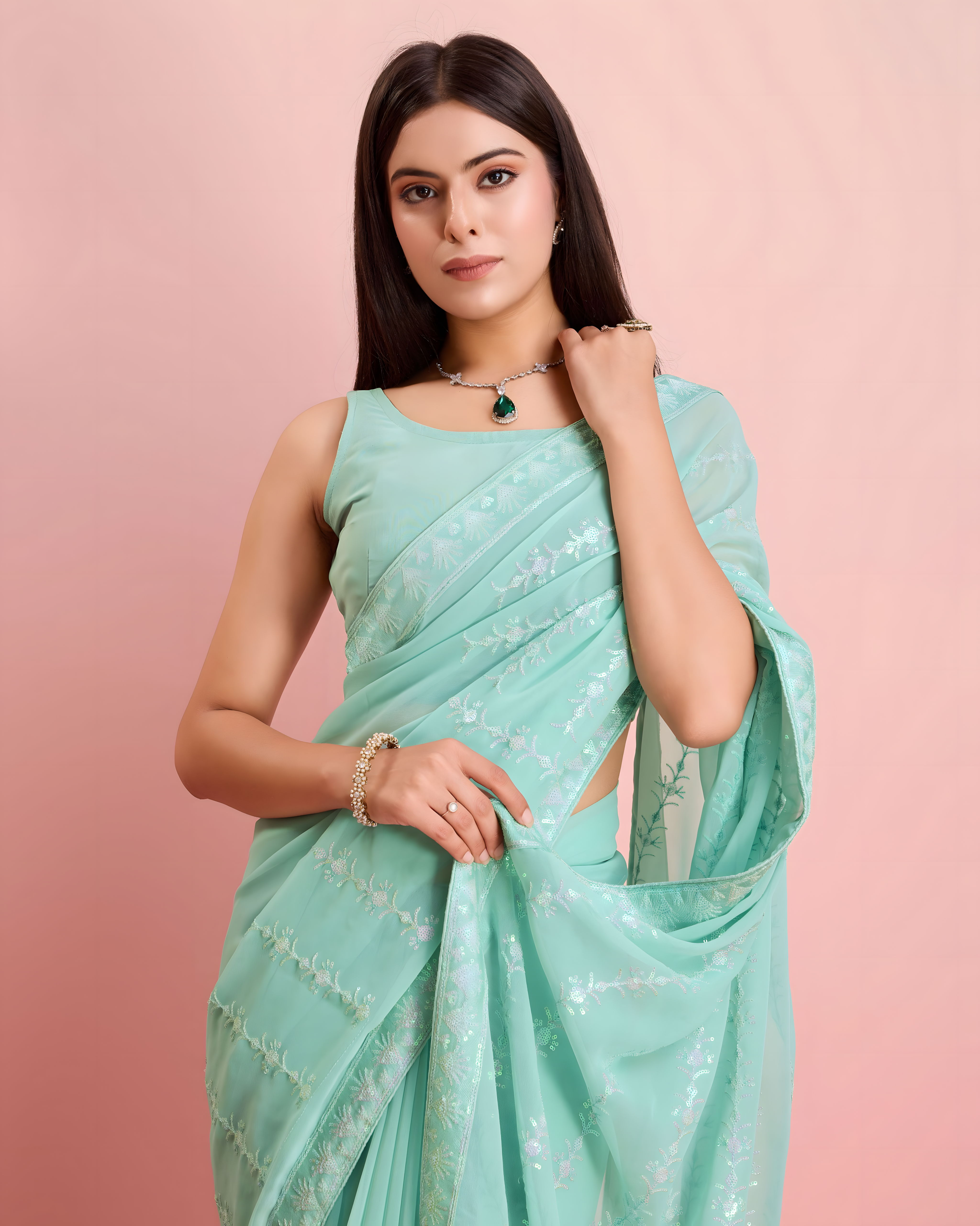 Aqua Georgette Saree with 3mm sequence with threads work with lace border Work