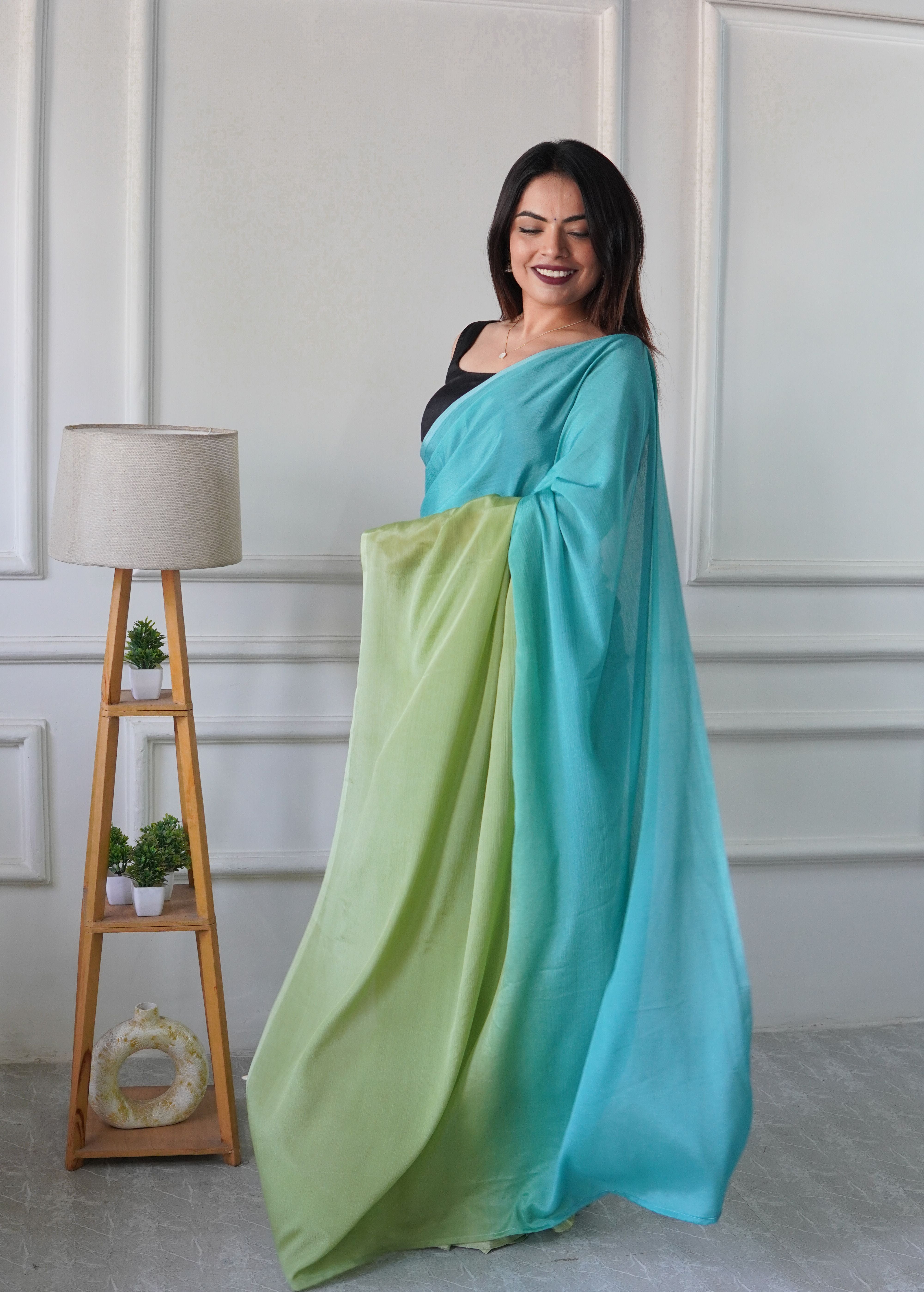 Aqua Green Chinon Pedding Solid Designer Ready To Wear Saree