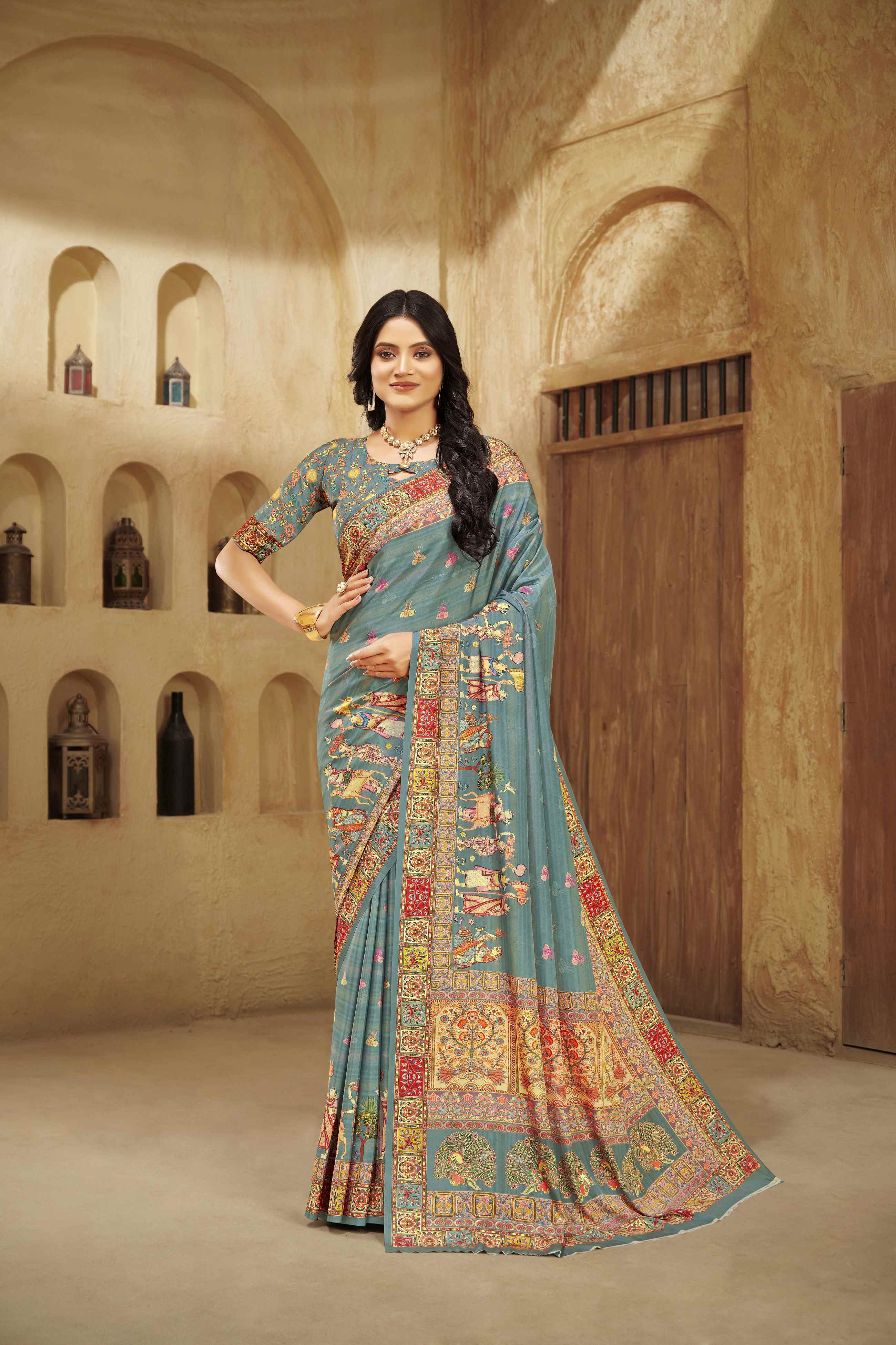 Aqua Green Designer Position Digital Foil Printed Crepe Silk Ethnic Festive Saree