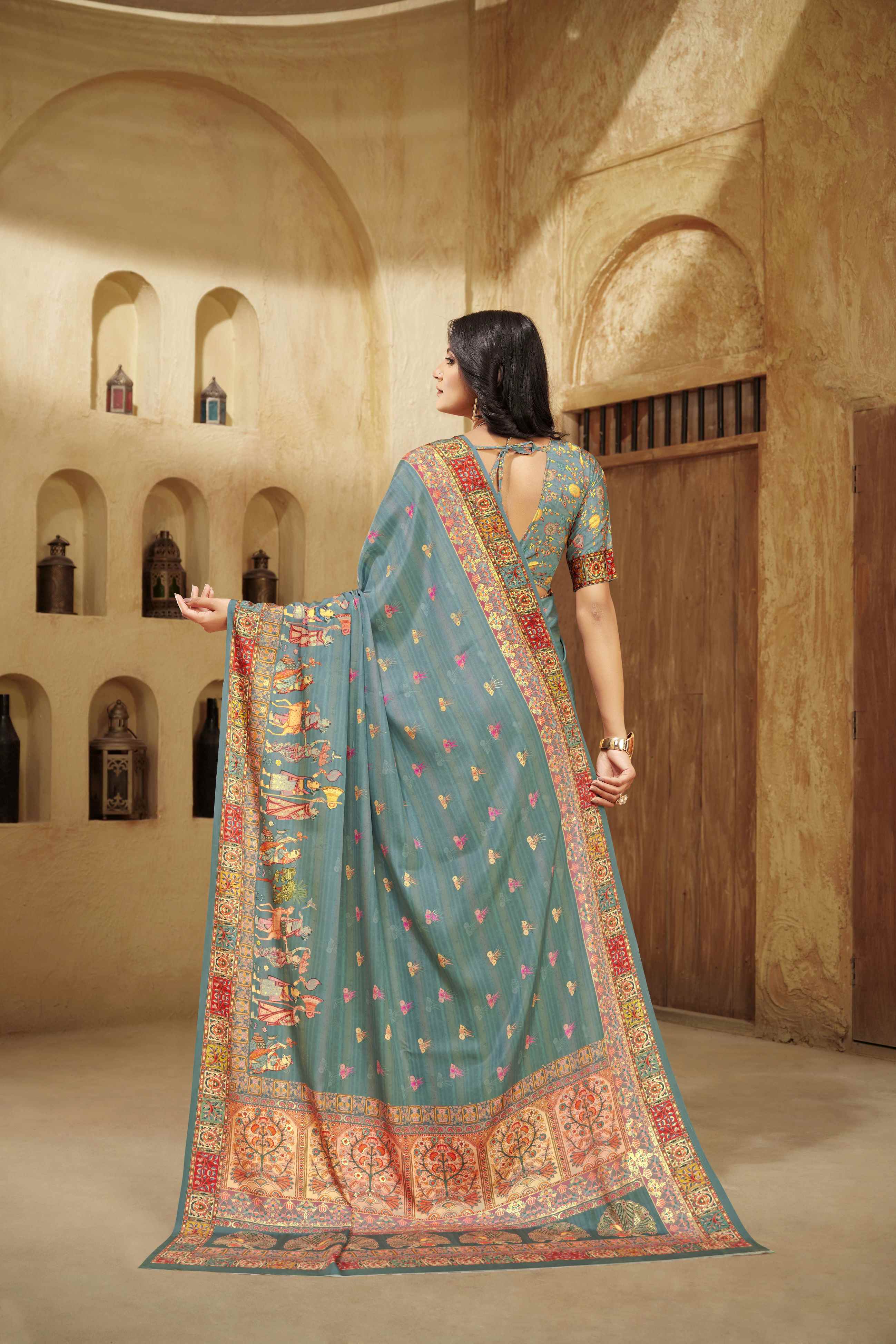 Aqua Green Designer Position Digital Foil Printed Crepe Silk Ethnic Festive Saree