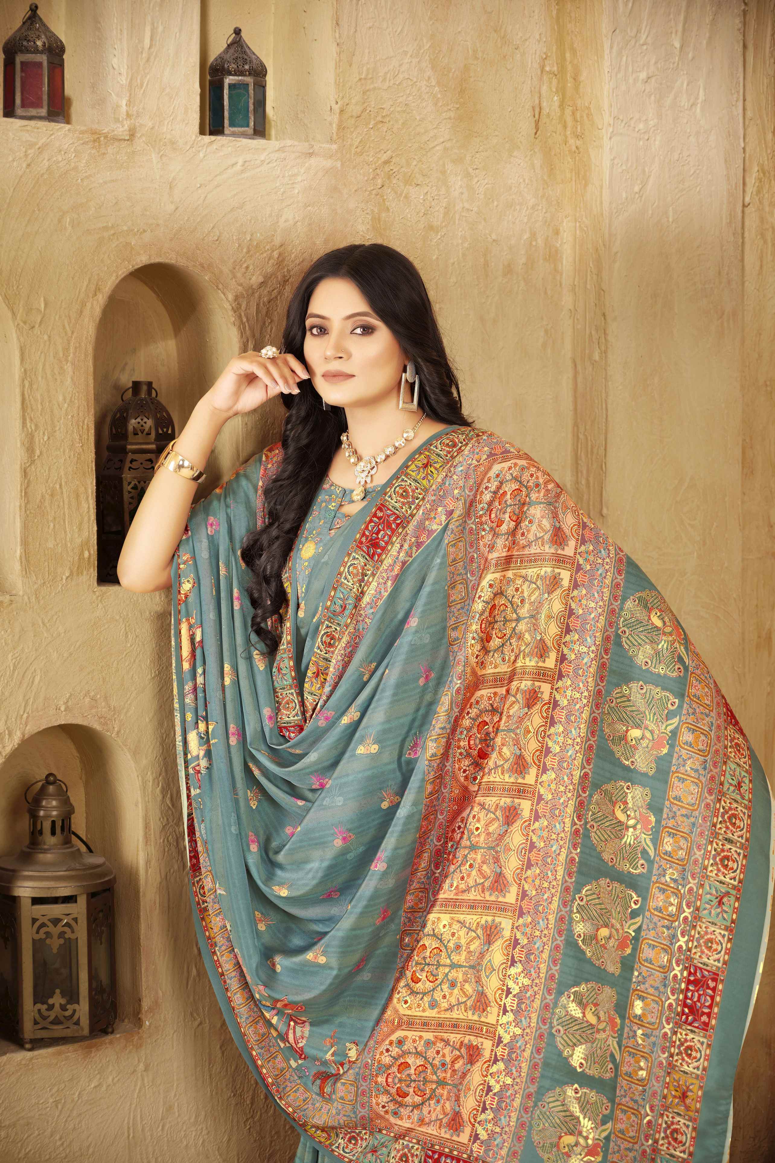 Aqua Green Designer Position Digital Foil Printed Crepe Silk Ethnic Festive Saree
