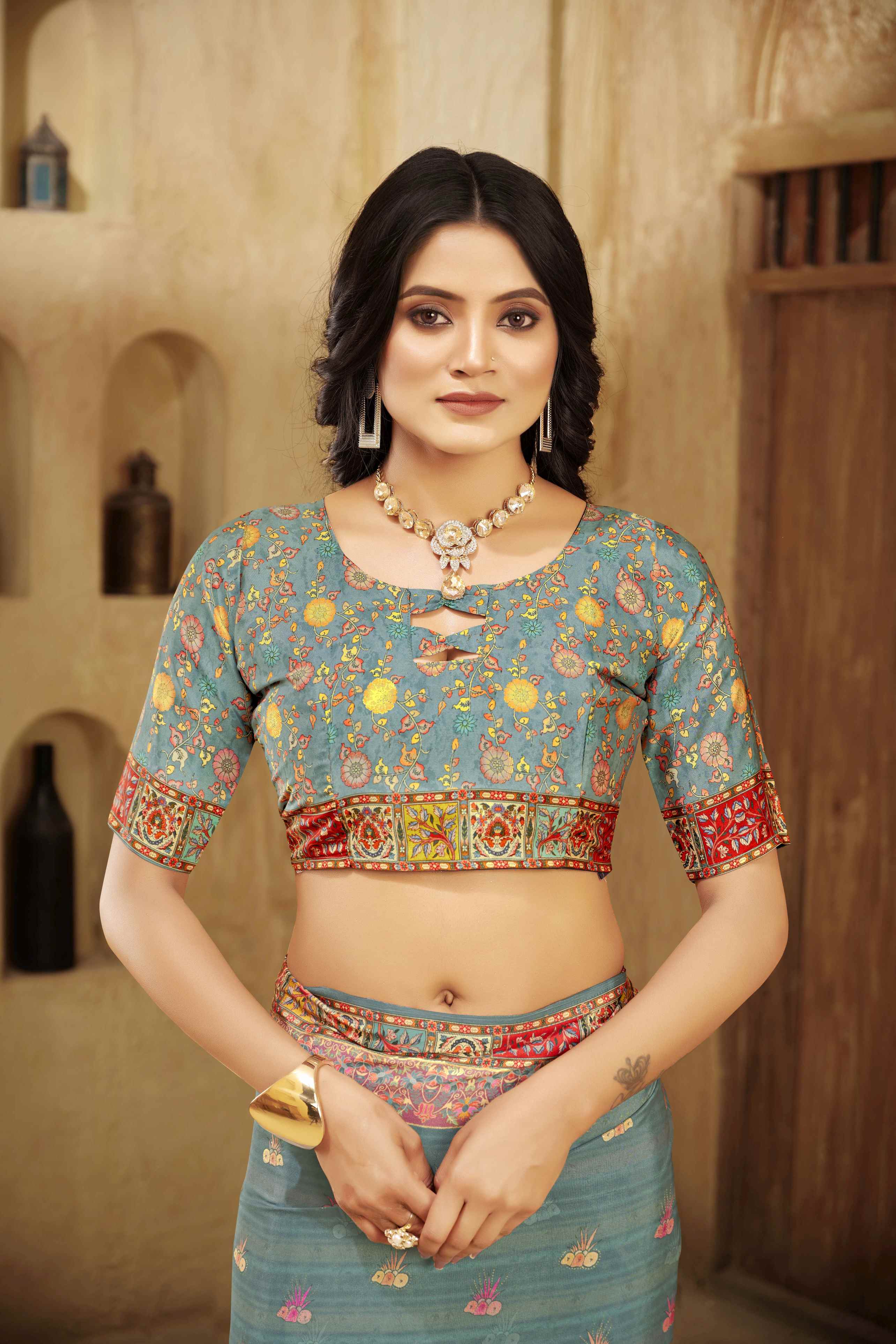 Aqua Green Designer Position Digital Foil Printed Crepe Silk Ethnic Festive Saree