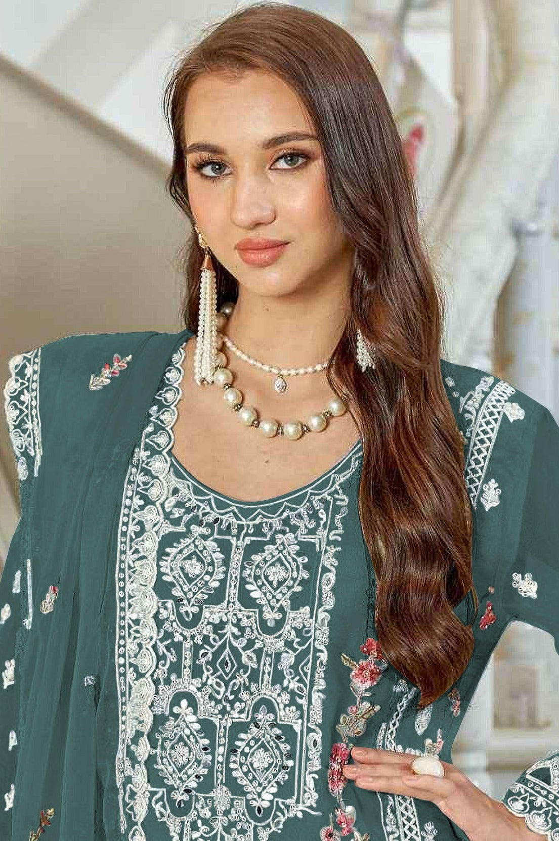 Aqua Green Pakistani Salwar Suit With Heavy Embroidery Work
