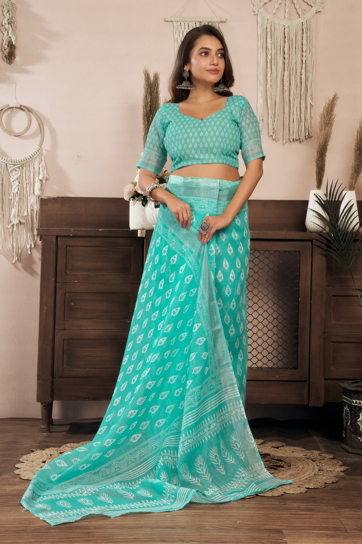 Aqua Linen Ready To Wear Saree With Zari Border Printed