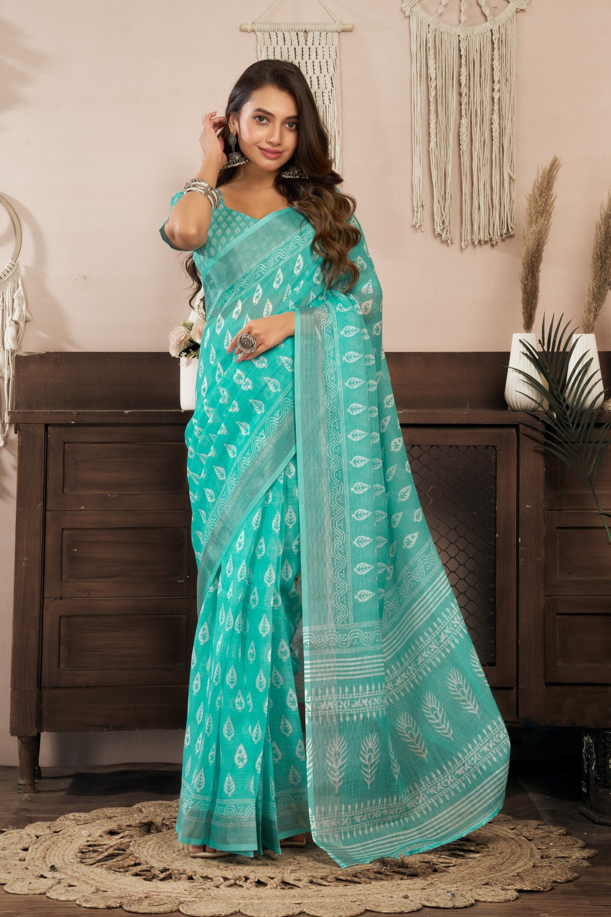Aqua Linen Ready To Wear Saree With Zari Border Printed