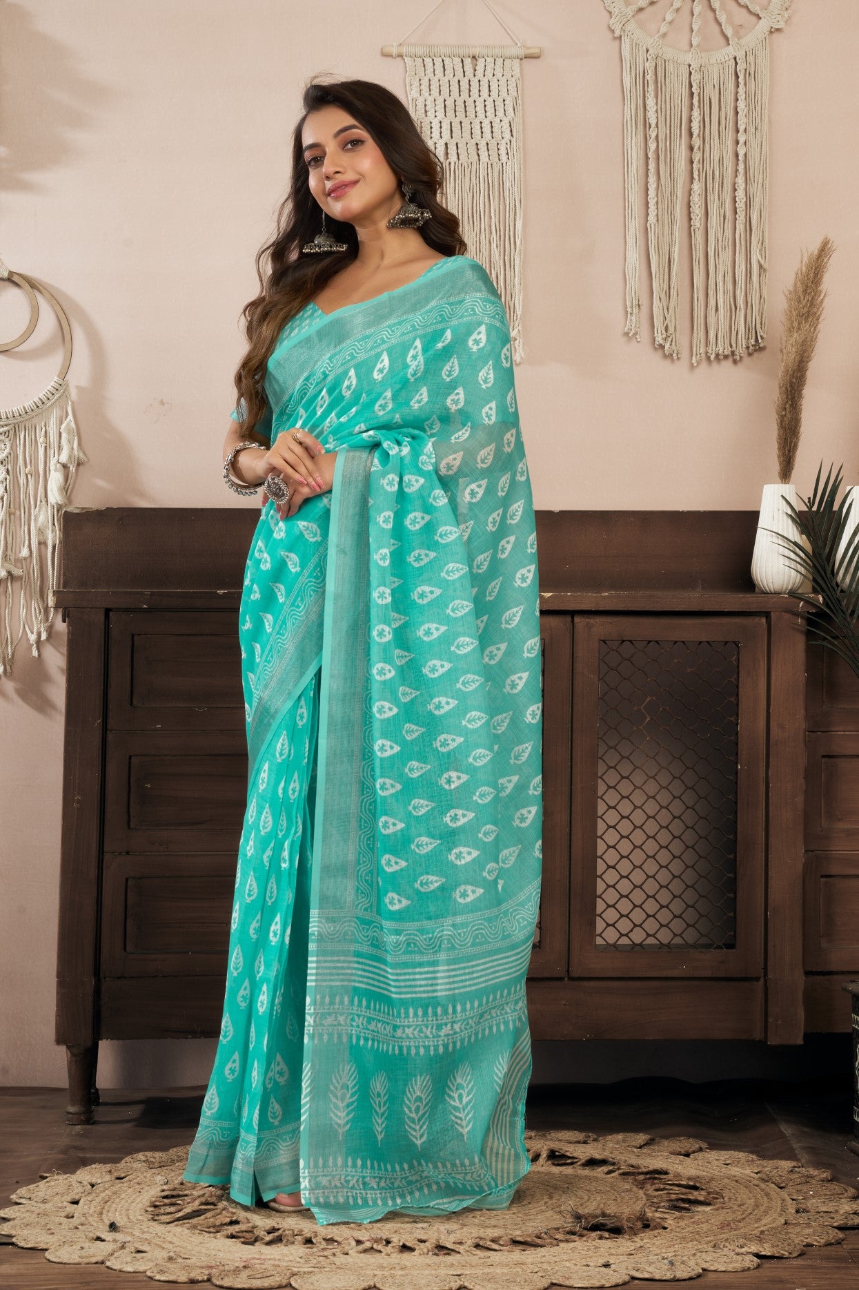 Aqua Linen Ready To Wear Saree With Zari Border Printed