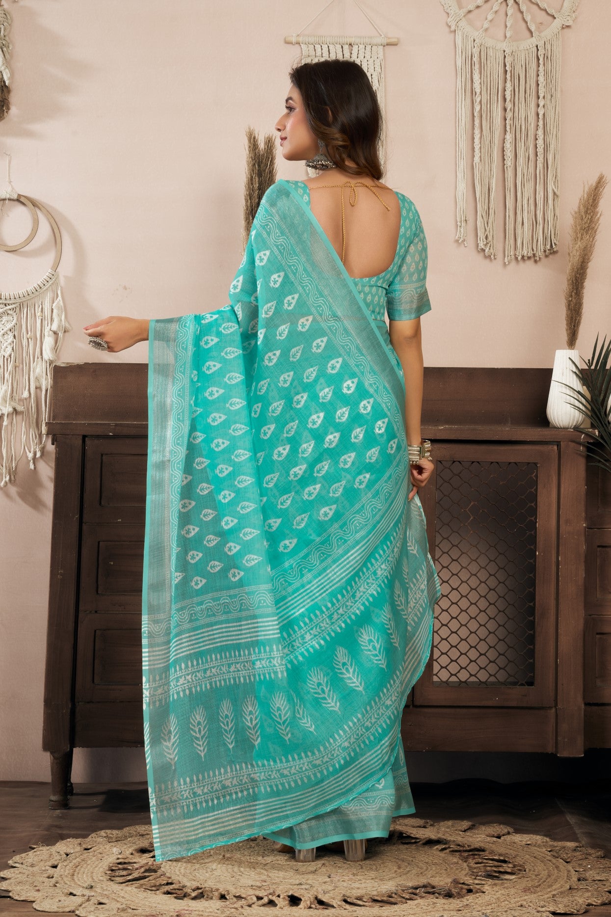Aqua Linen Ready To Wear Saree With Zari Border Printed