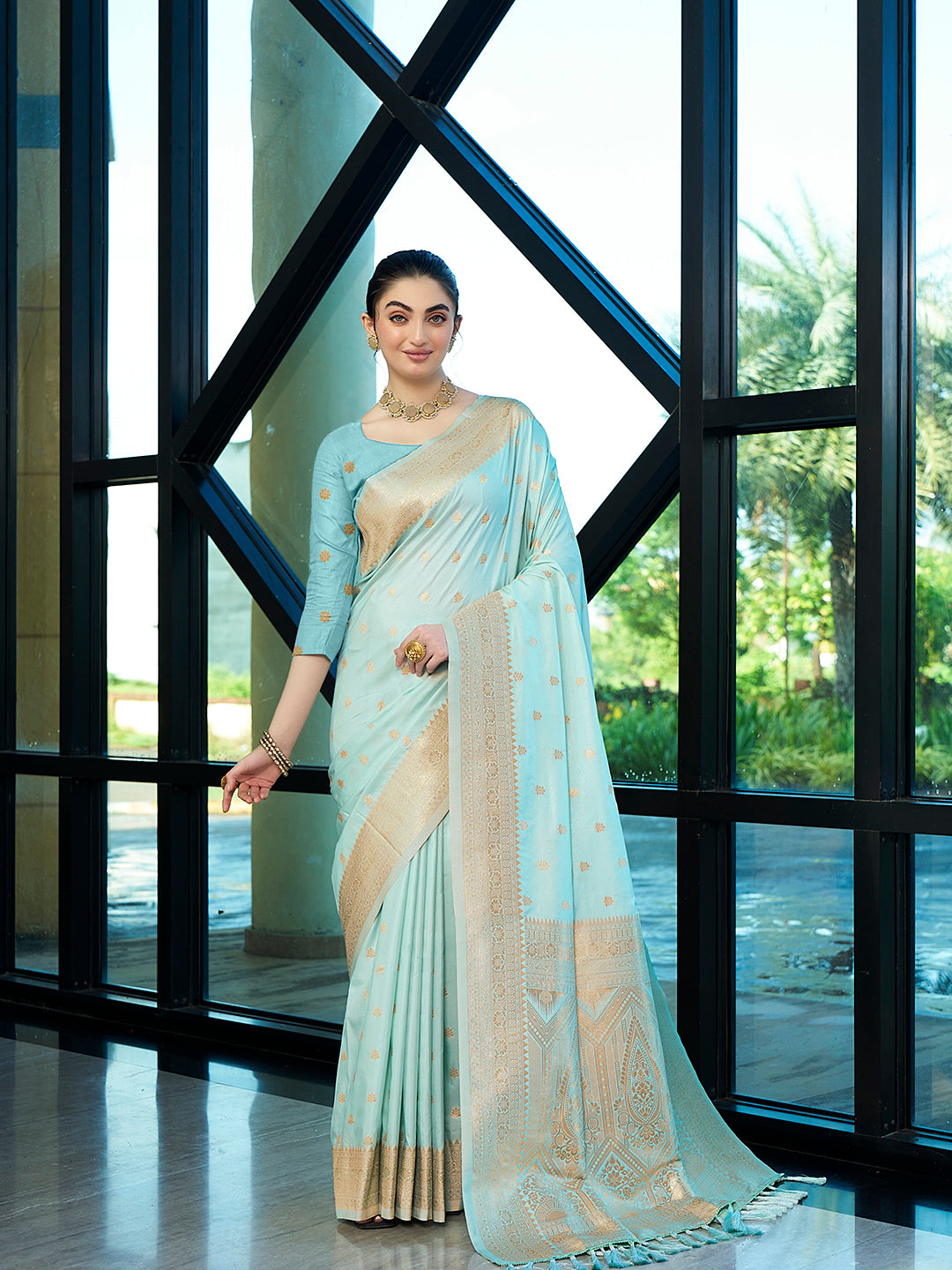 Aqua Nylon Banarasi Woven Jacquard Designer Ethnic Indian Traditional Look Saree