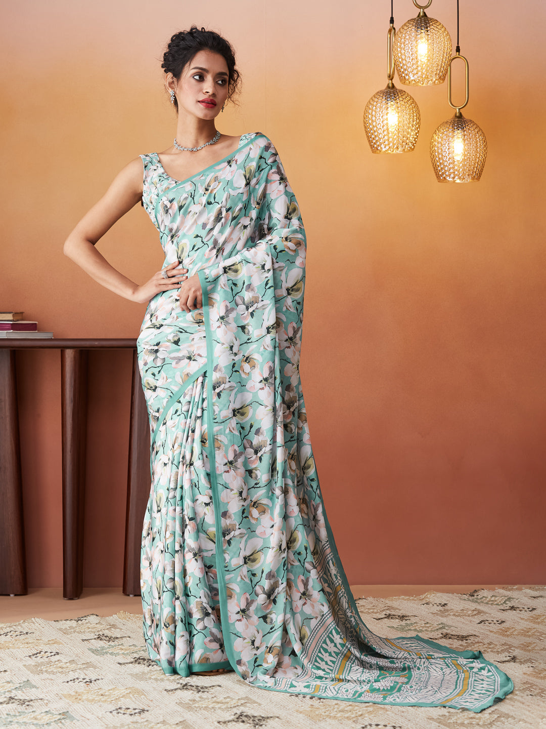 Aqua Silk Crepe Designer Printed Ready To Wear Saree