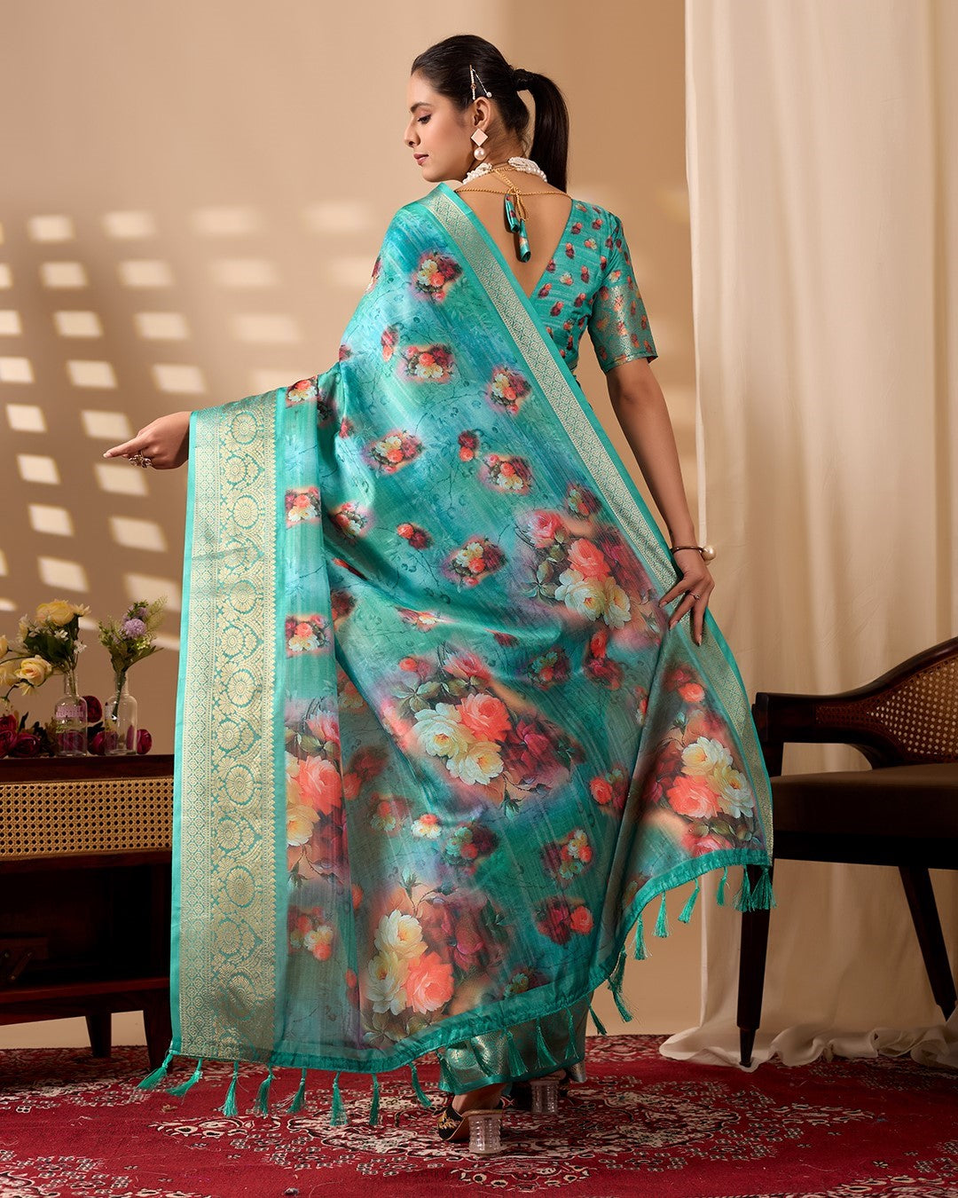 Aqua Soft Lichi Silk Saree With Digital Printed Premium Designer Saree