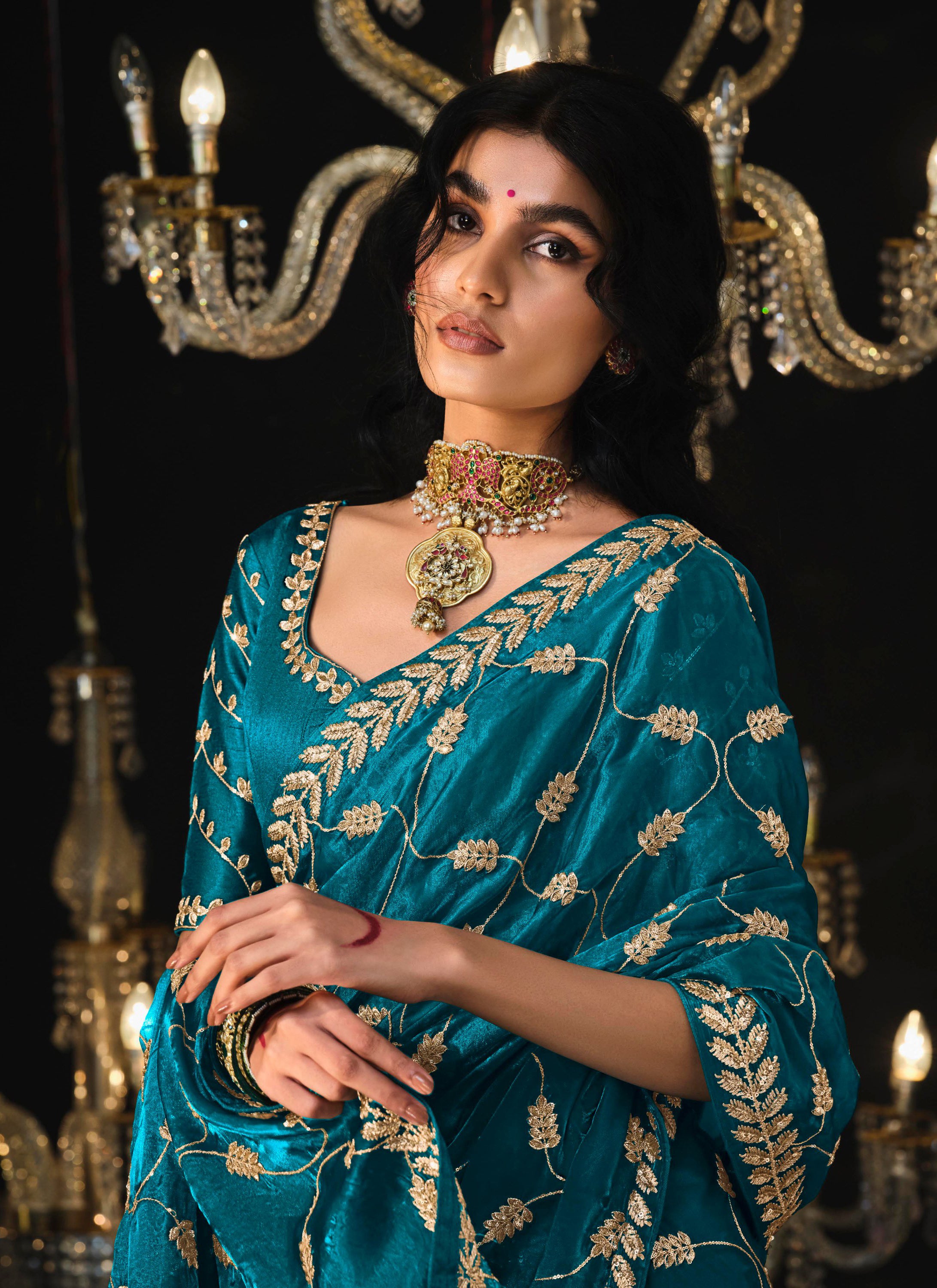 Aqua Tissue Silk Saree With Heavy Thread and Zari Embroidered Work