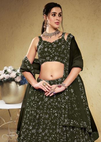 Astonishing Green Embroidered Georgette Mehendi Wear Lehenga Choli