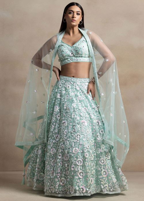 Attractive Blue Sequins Net Designer Lehenga Choli With Dupatta