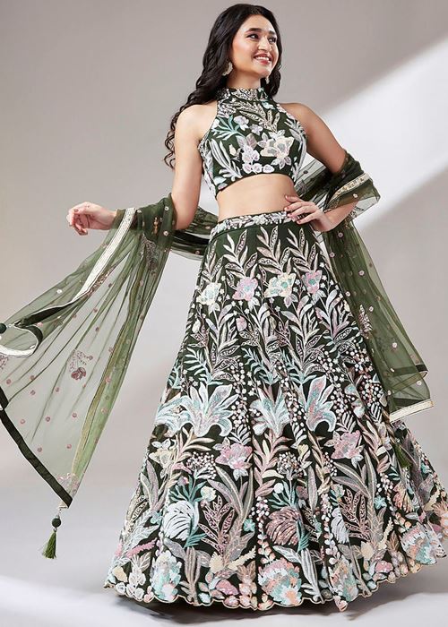 Awesome Olive Green Sequins Art Soft Net Mehendi Wear Lehenga Choli