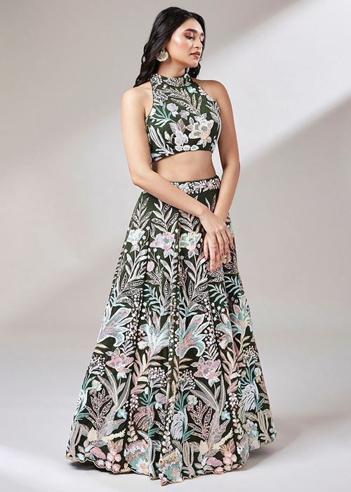 Awesome Olive Green Sequins Art Soft Net Mehendi Wear Lehenga Choli