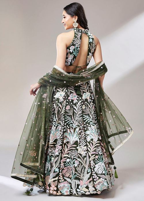 Awesome Olive Green Sequins Art Soft Net Mehendi Wear Lehenga Choli