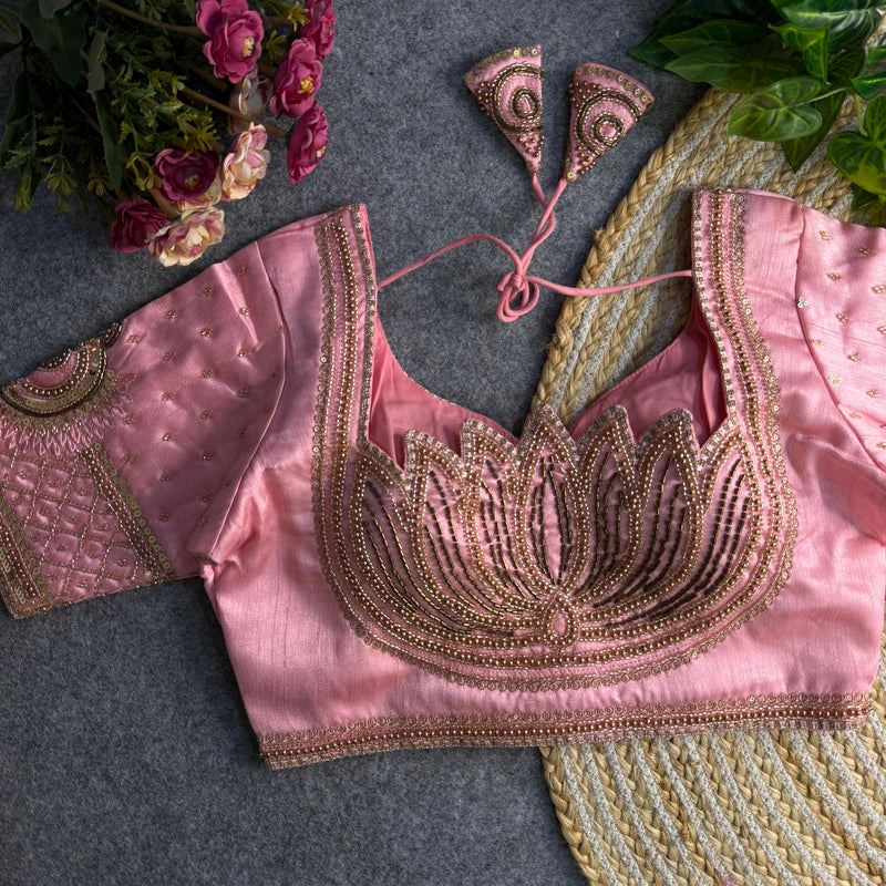 Baby Pink Sabyasachi-Inspired Heavy Bridal Blouse with Exquisite Lotus Beads Embroidery