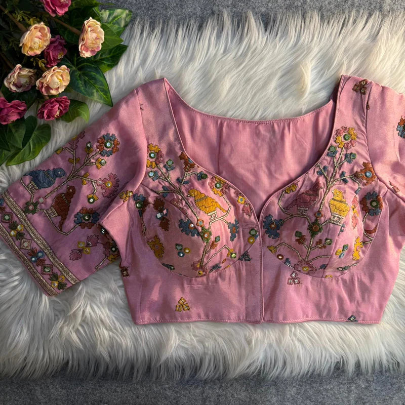 Baby Pink Bird Motif Mirror Work Blouse Cosmos Silk Designer Partywear
