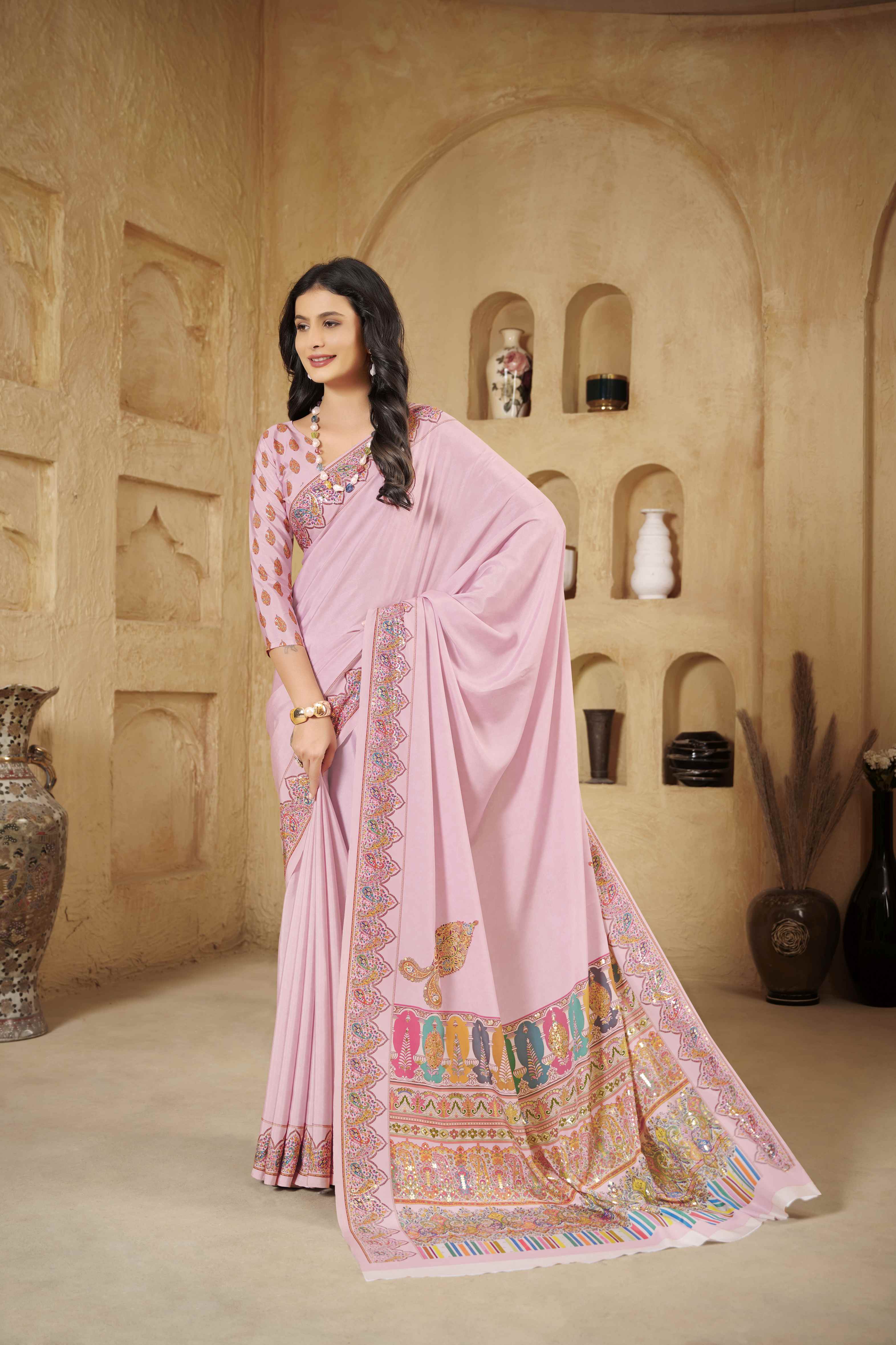 Baby Pink Designer Position Digital Foil Printed Crepe Silk Ethnic Festive Saree