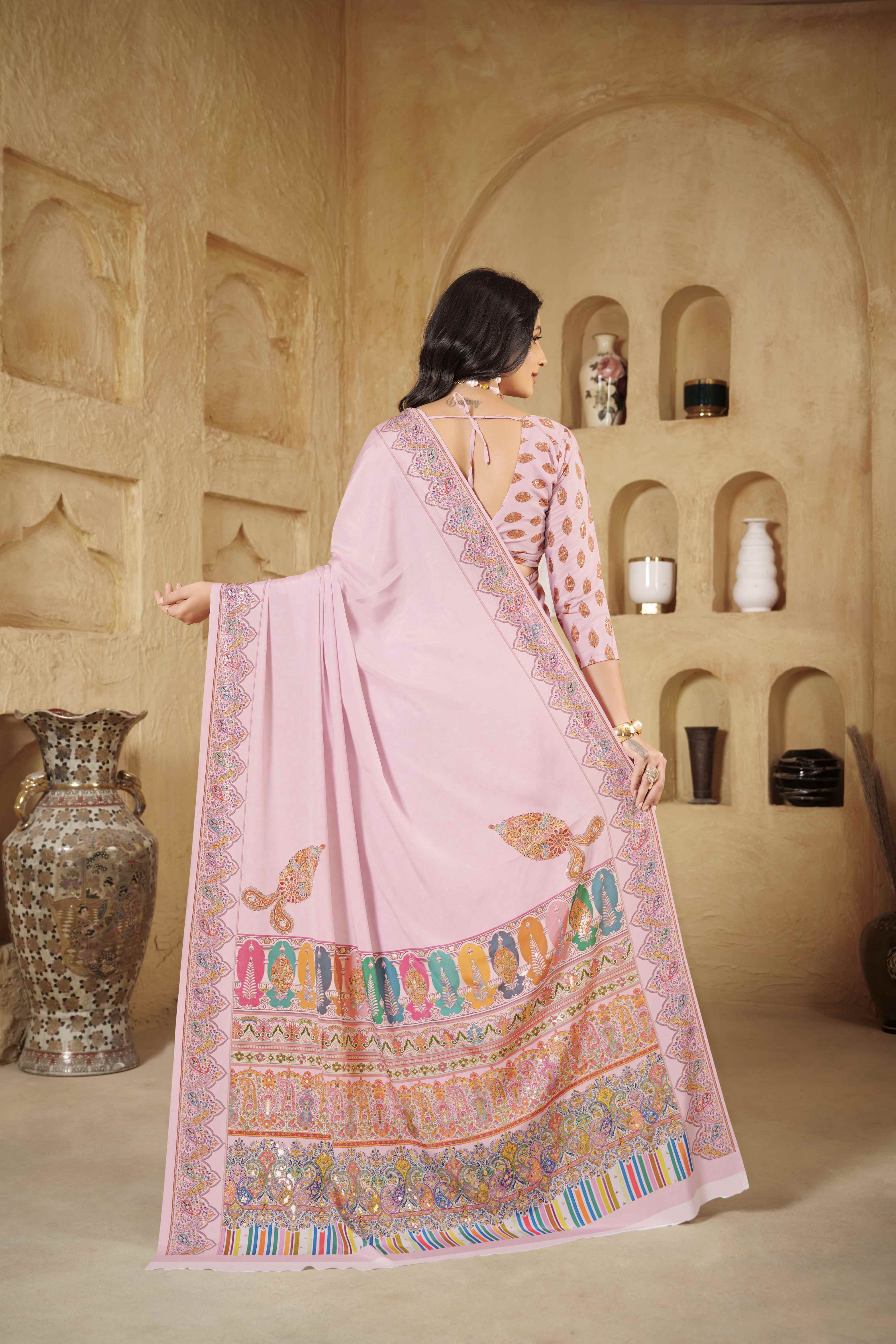 Baby Pink Designer Position Digital Foil Printed Crepe Silk Ethnic Festive Saree