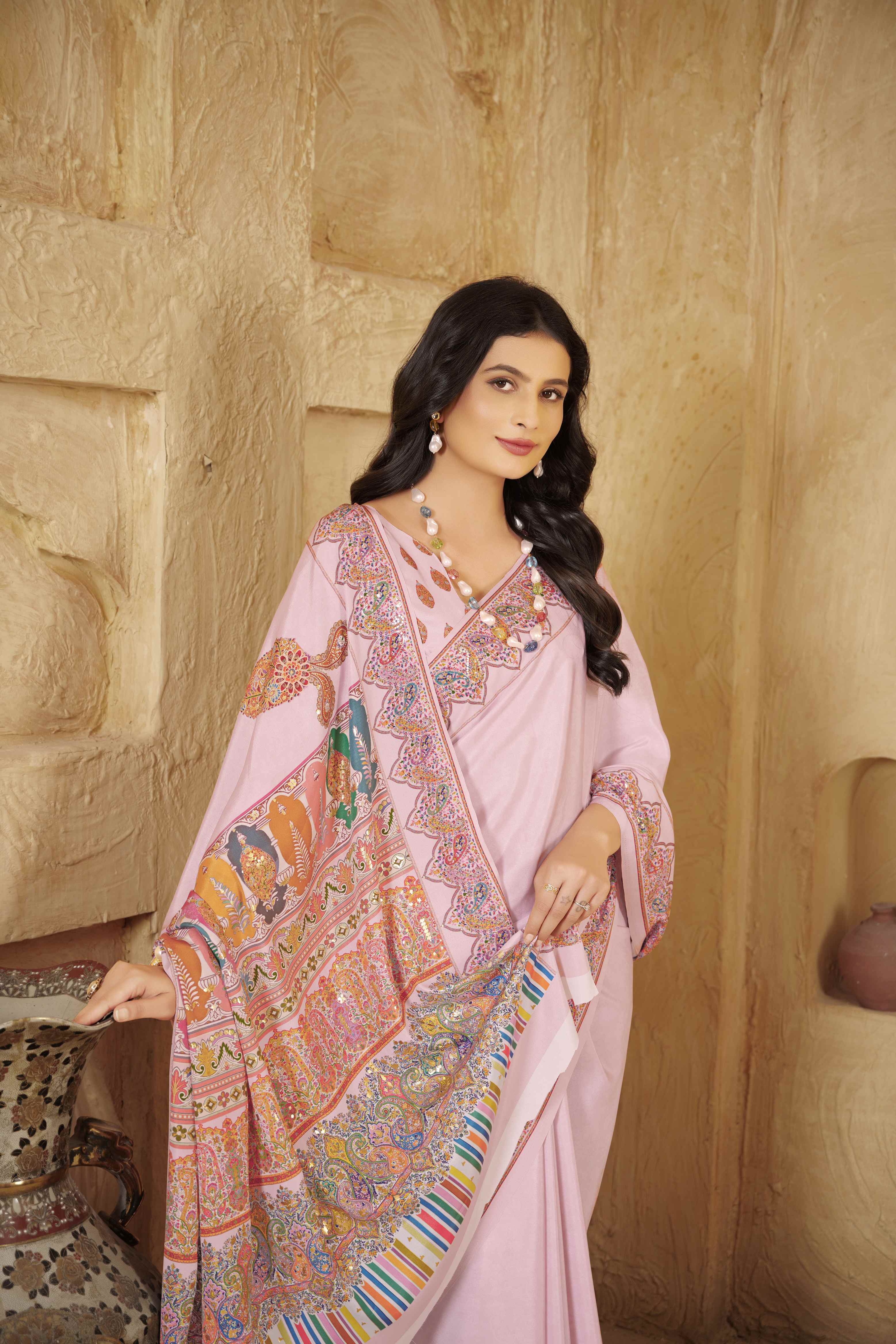 Baby Pink Designer Position Digital Foil Printed Crepe Silk Ethnic Festive Saree