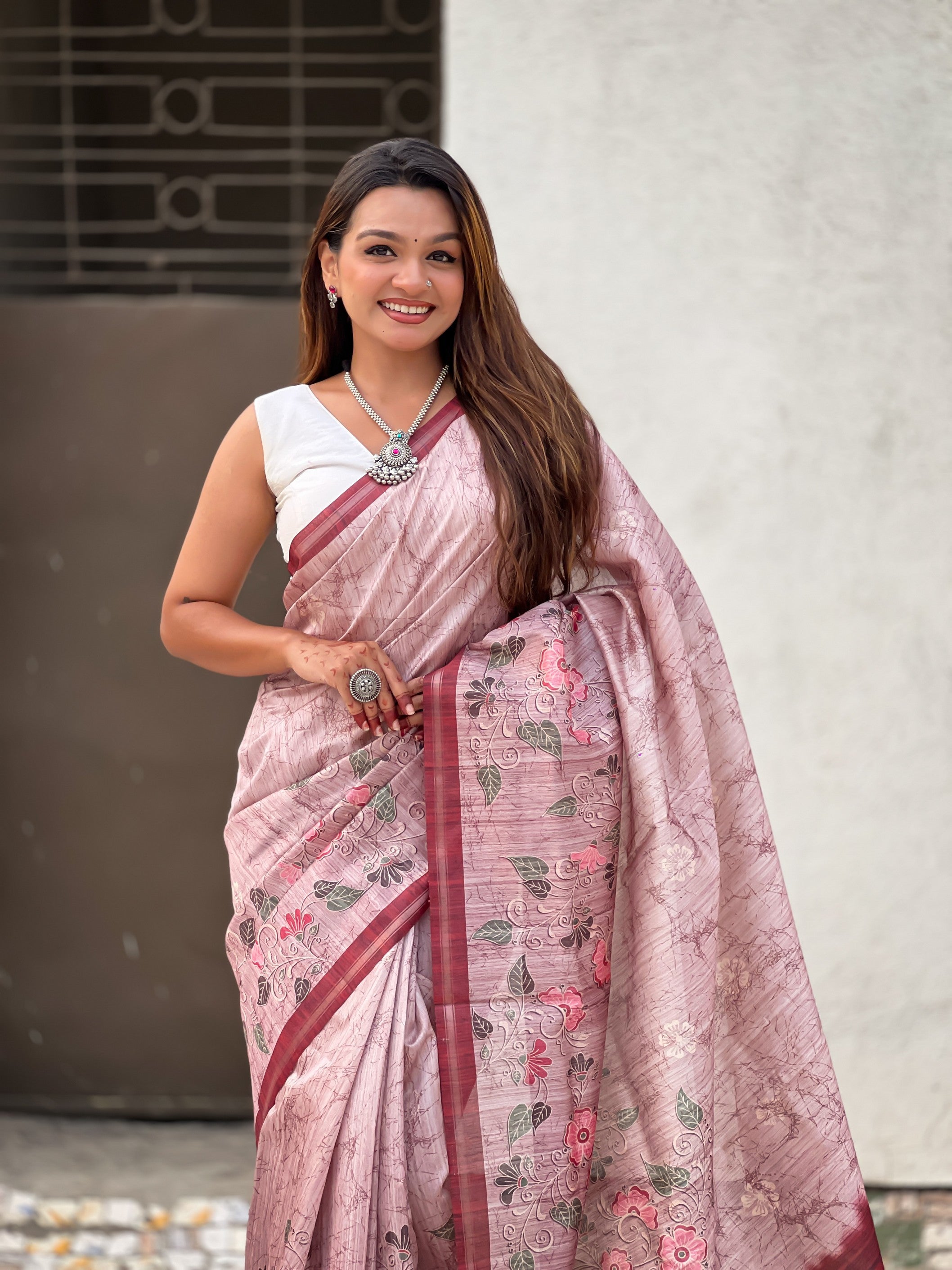 Baby Pink Ethnic Katki Silk Woven Designer And Floral Printed Saree
