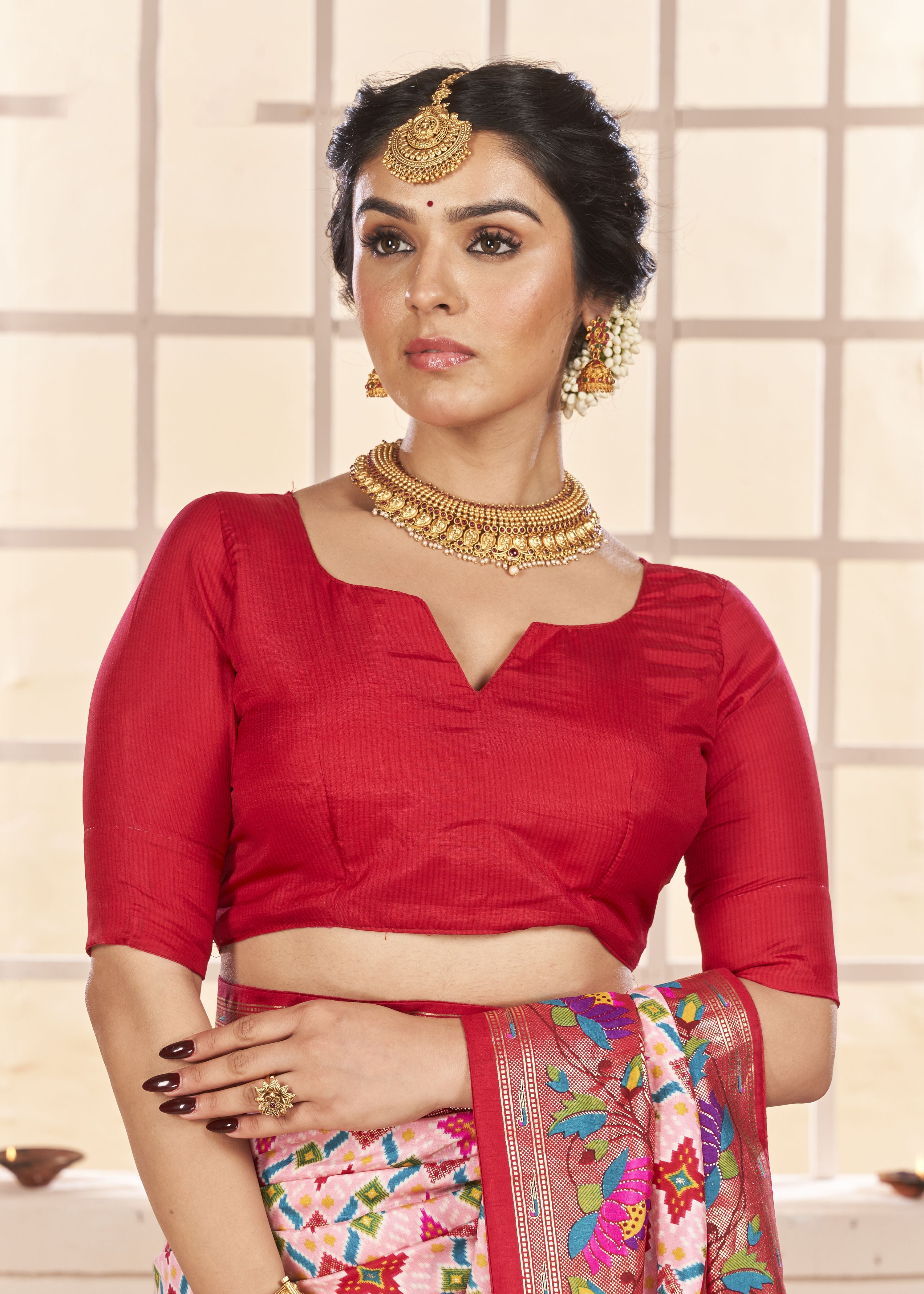 Baby Pink Ethnic Woven Border Designer With Ikkat Printed Cotton Silk Saree