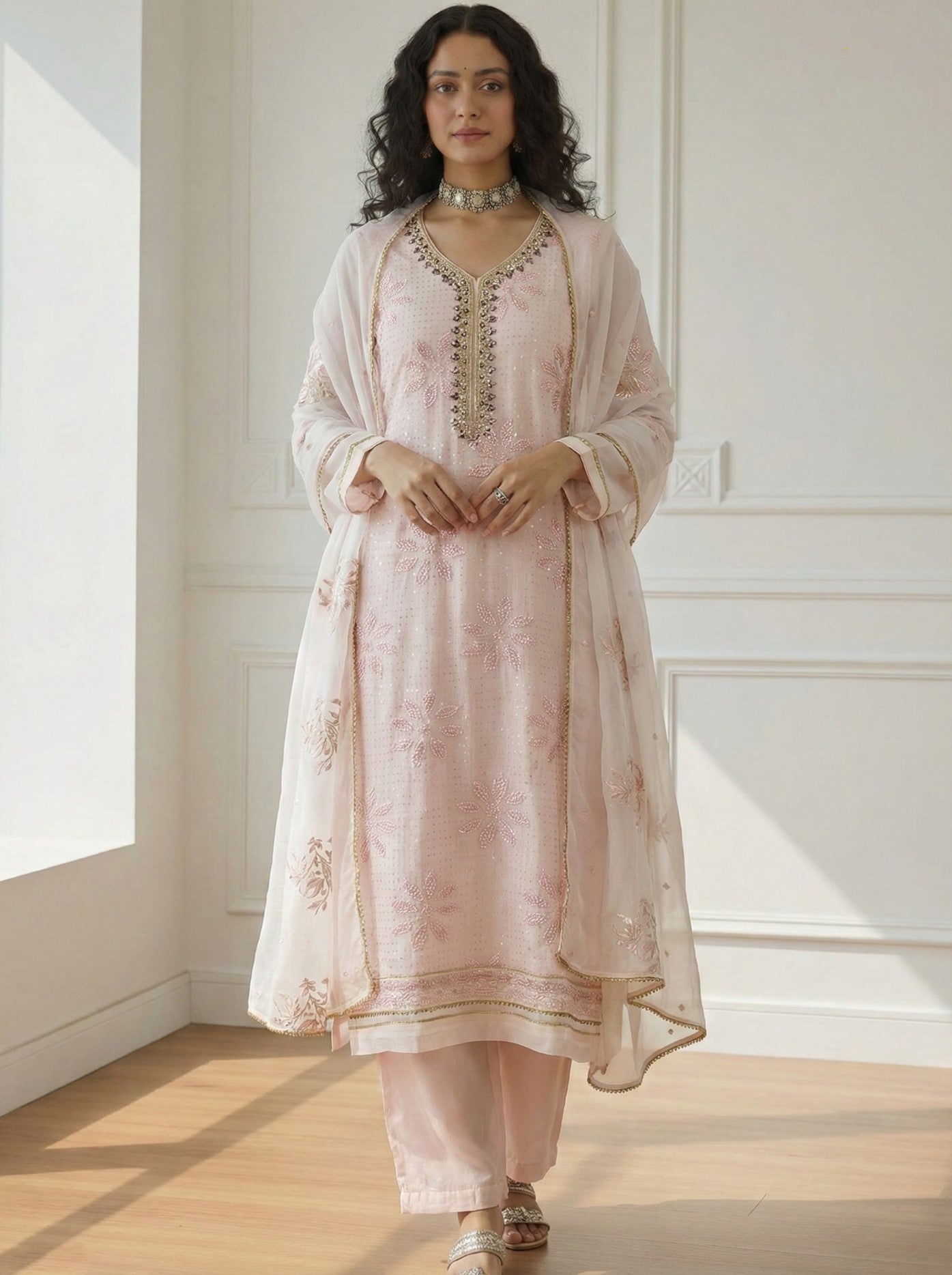 Baby Pink Georgette Salwar Suit With Khatli Embroidery