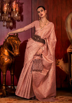 Baby Pink Handloom Weaving Silk Saree With Woven Work