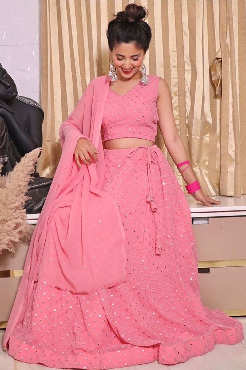 Baby Pink Lehenga Choli With Sequins With Thread Embroidery Work