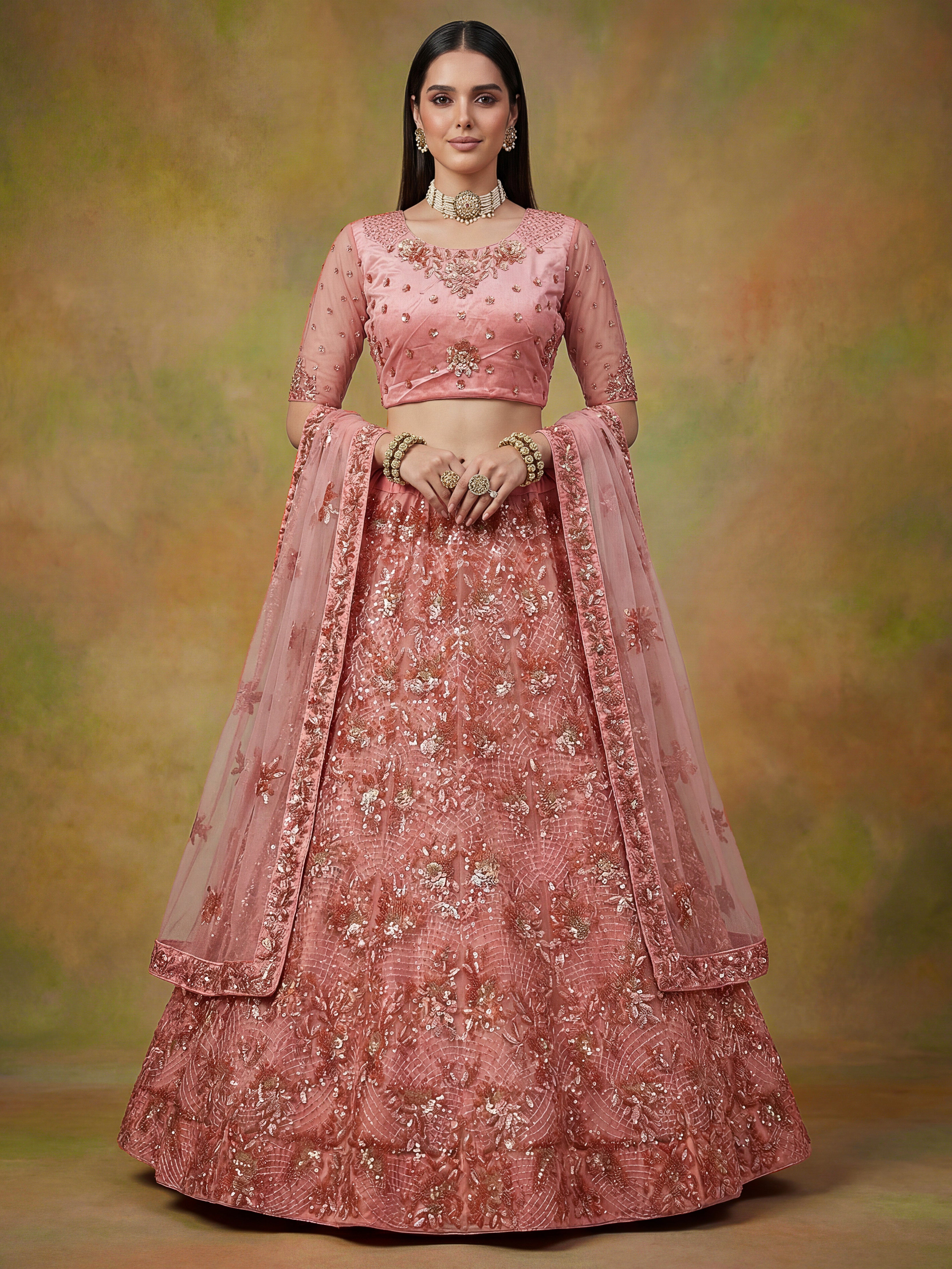 Baby Pink Net Lehenga Choli With Fancy Multi Heavy Thread Embroidery With Sequins Work