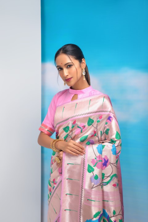 Baby Pink Paithani Silk Saree with All Over Zari Weaves