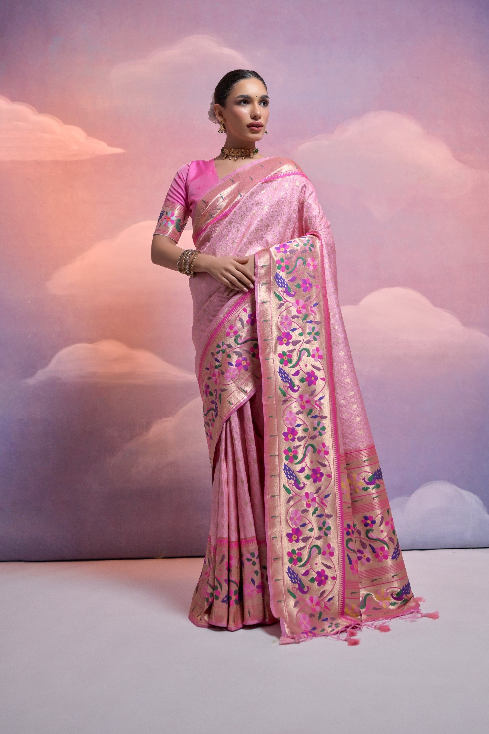Baby Pink Paithani Silk Saree with Meenakari Border and Zari Weaves
