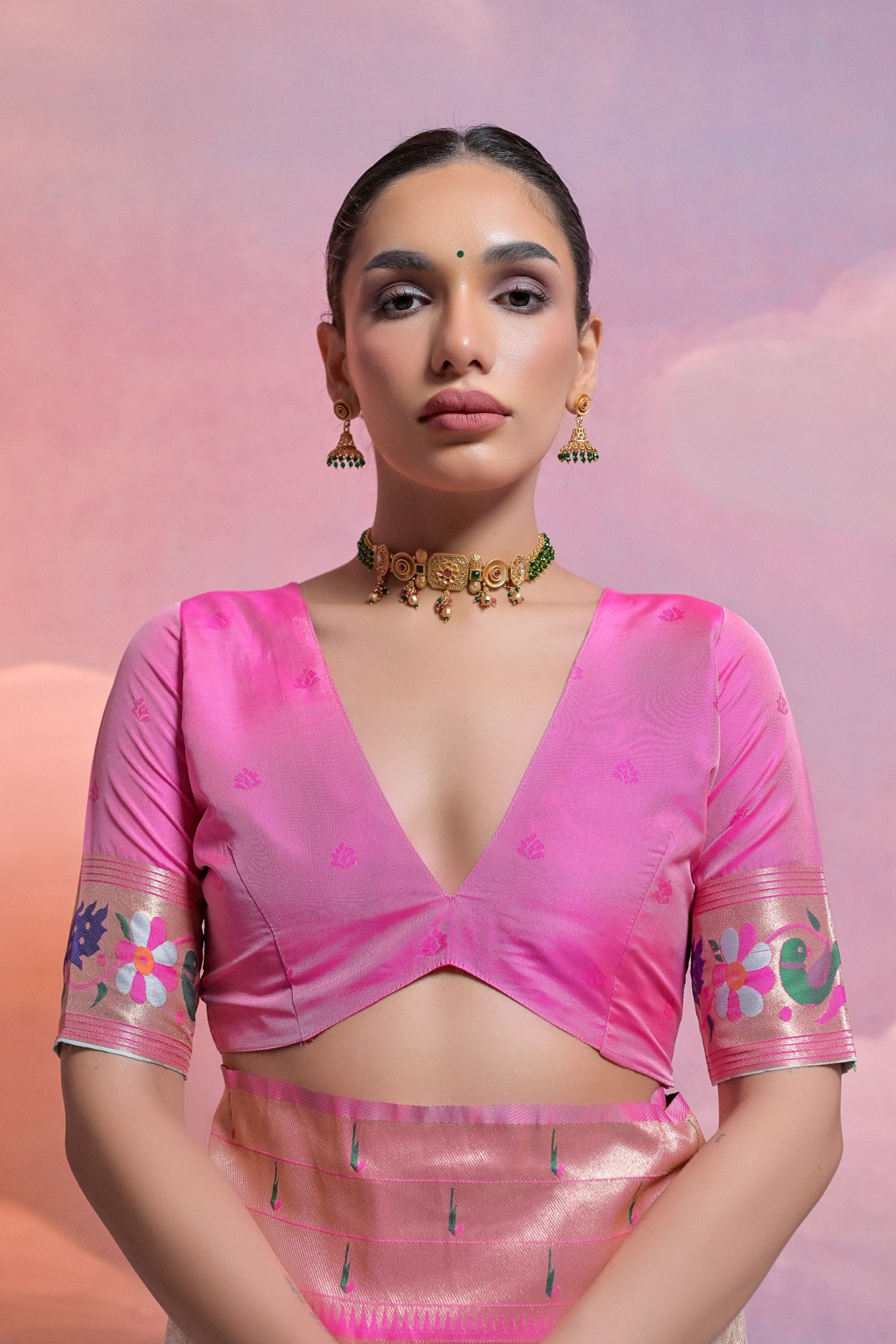 Baby Pink Paithani Silk Saree with Meenakari Border and Zari Weaves