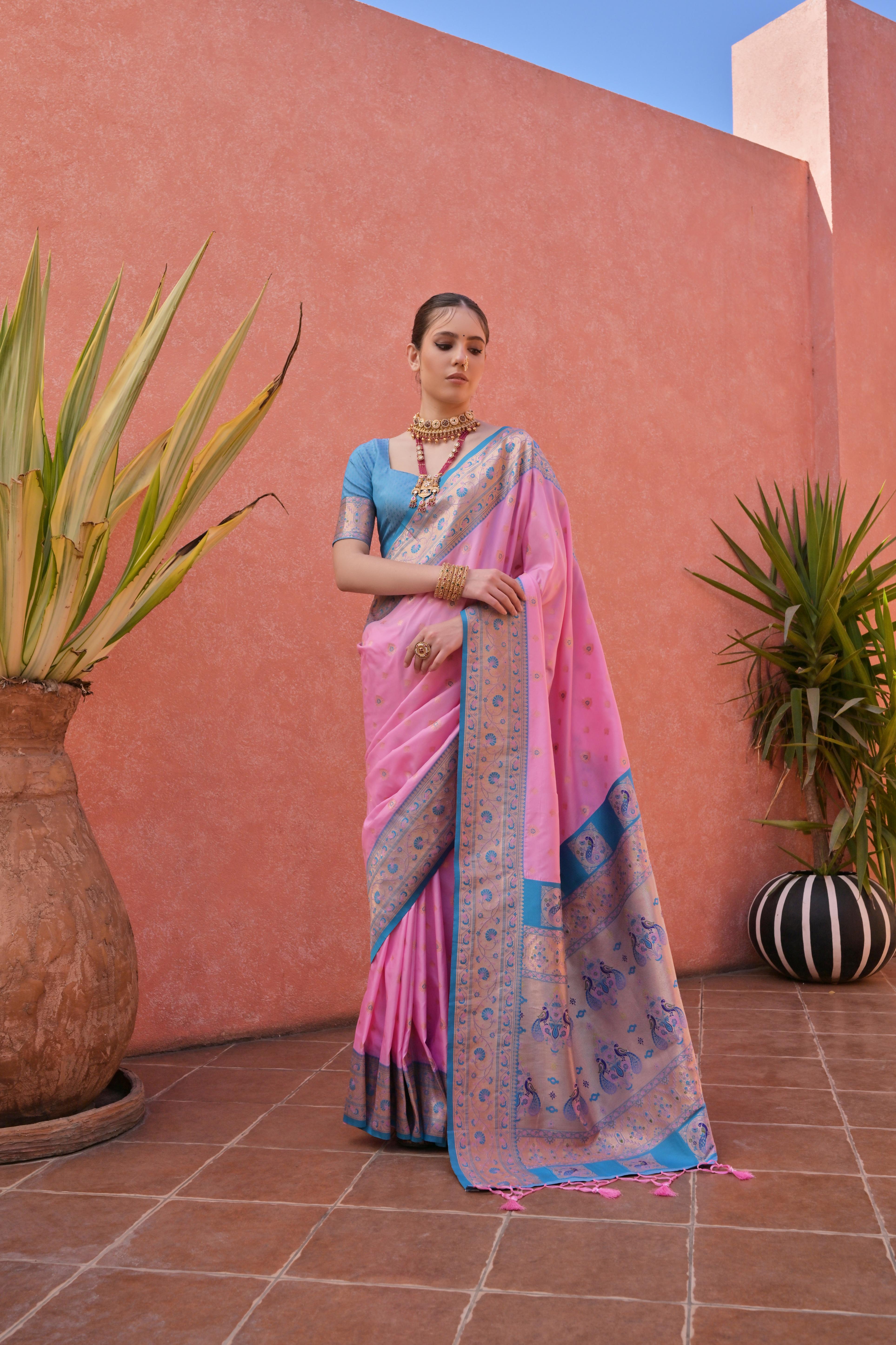 Baby Pink Paithani Silk Saree with Paithani Pallu and Zari Butti