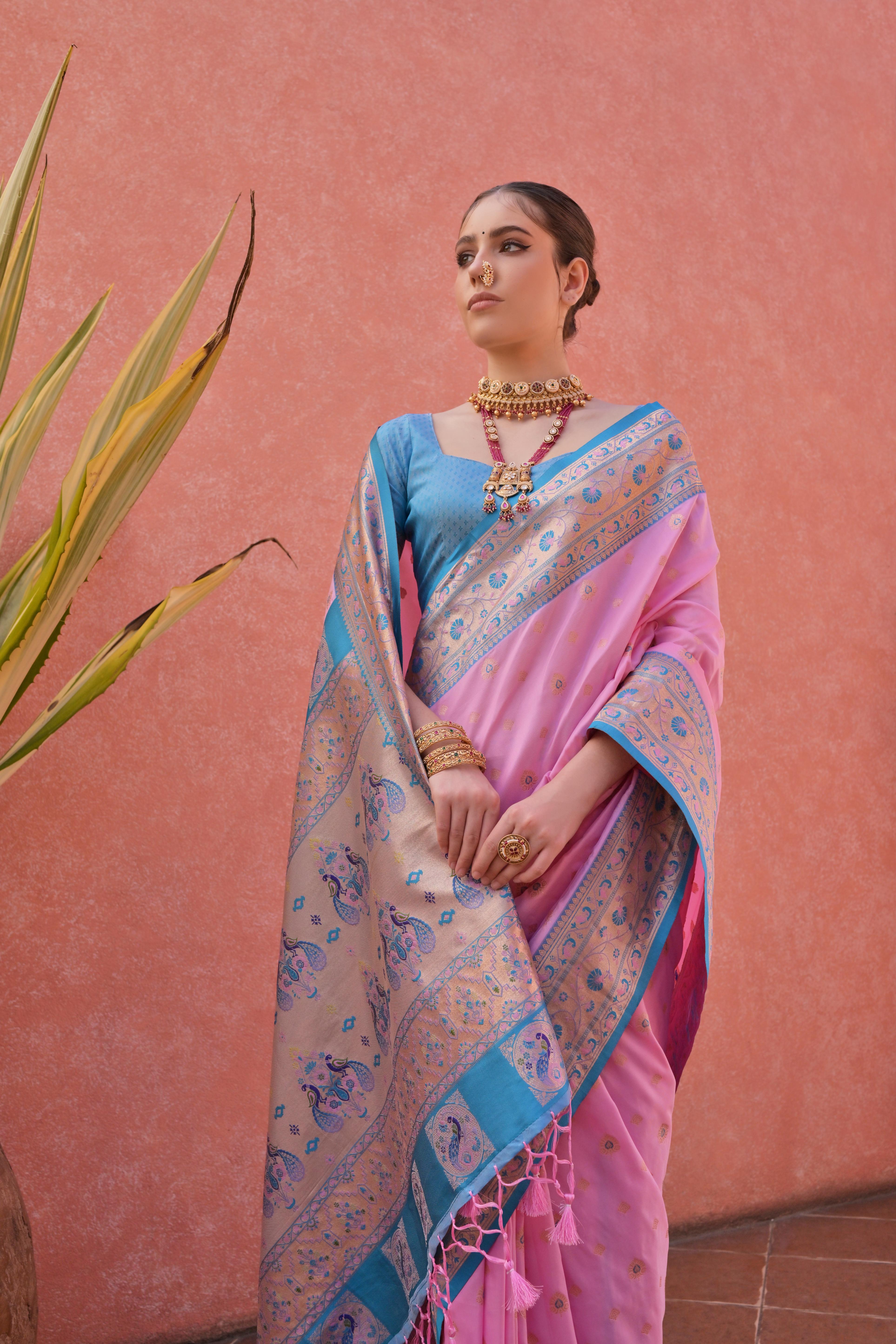 Baby Pink Paithani Silk Saree with Paithani Pallu and Zari Butti