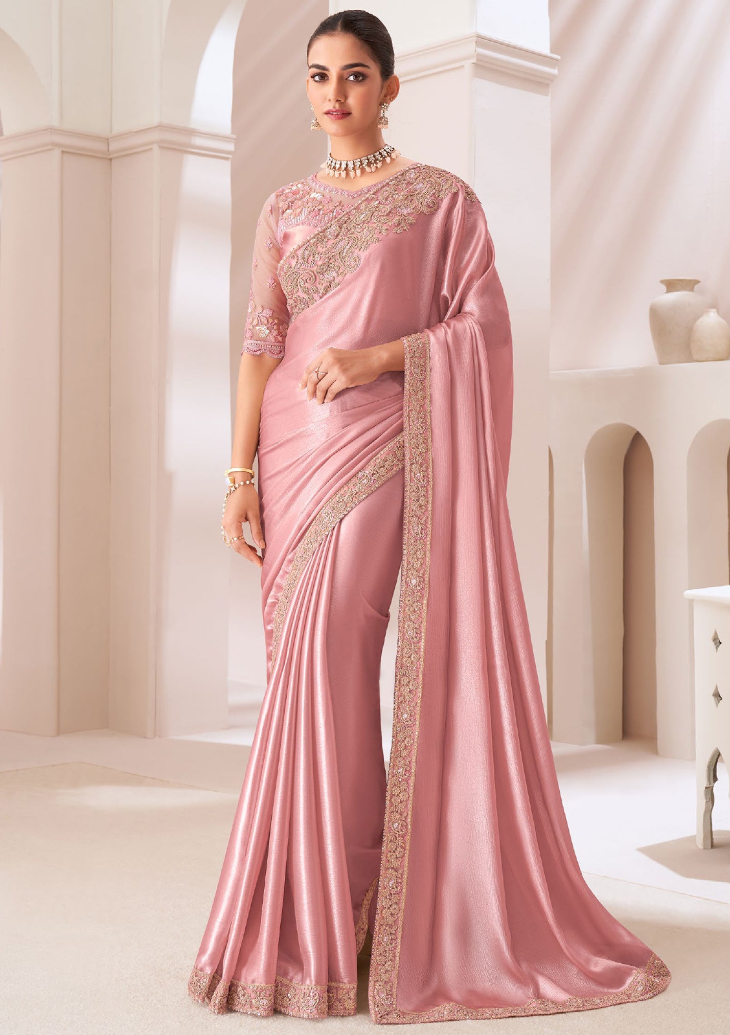 Baby Pink Saree With Heavy Embroidered Work