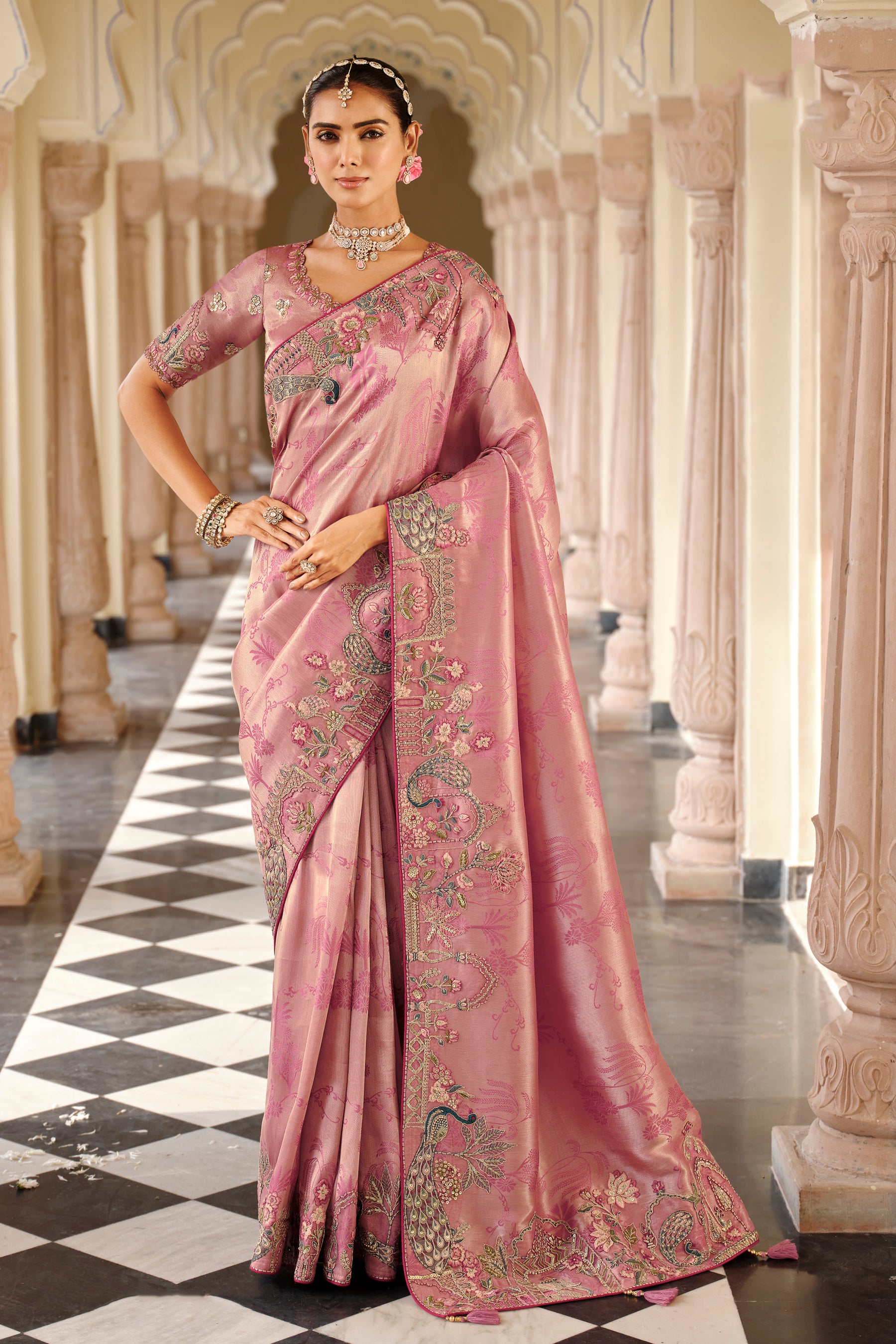 Baby Pink Saree With Zari weaving With Heavy Thread Embroidery With khatli work