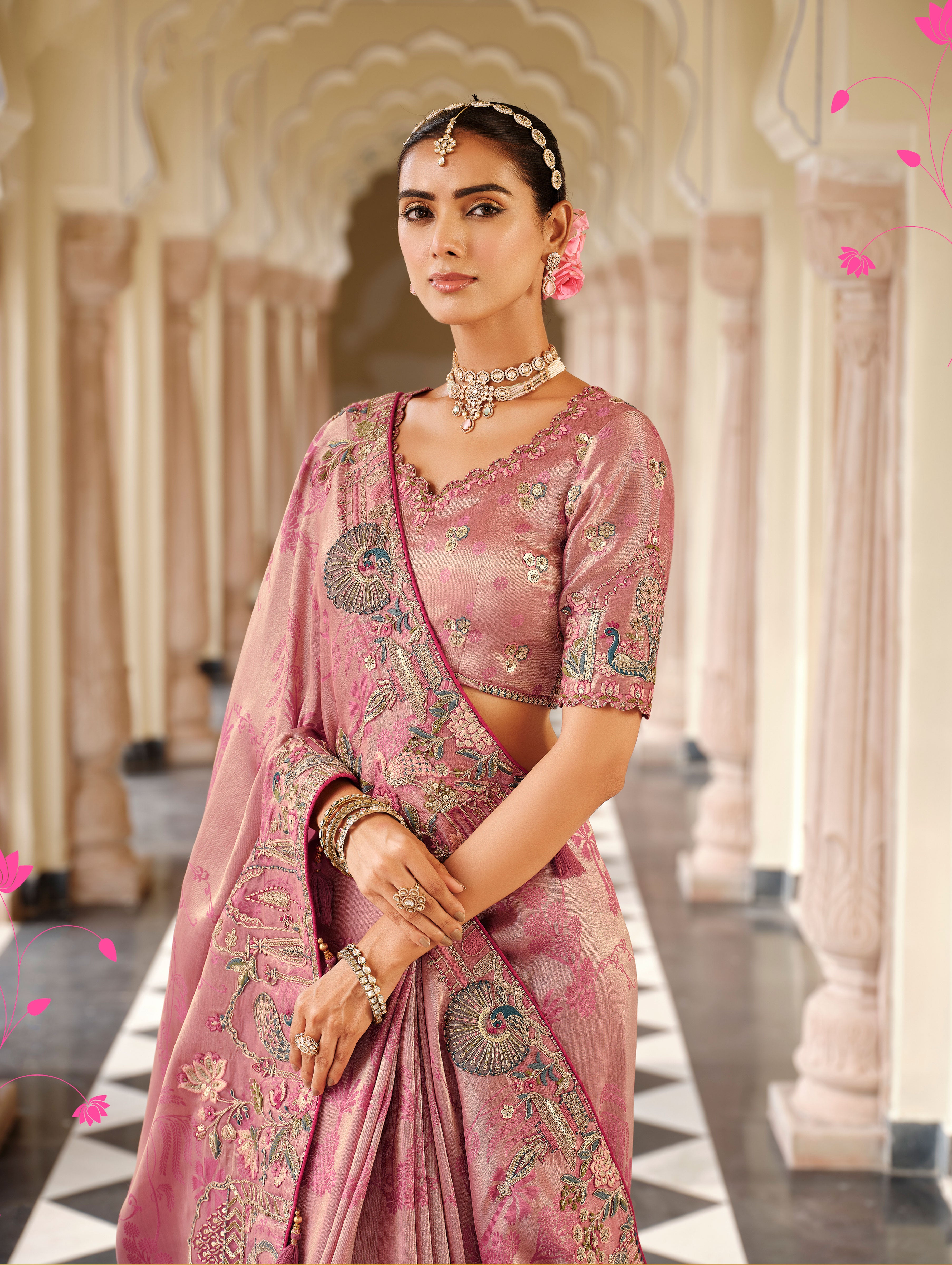 Baby Pink Saree With Zari weaving With Heavy Thread Embroidery With khatli work