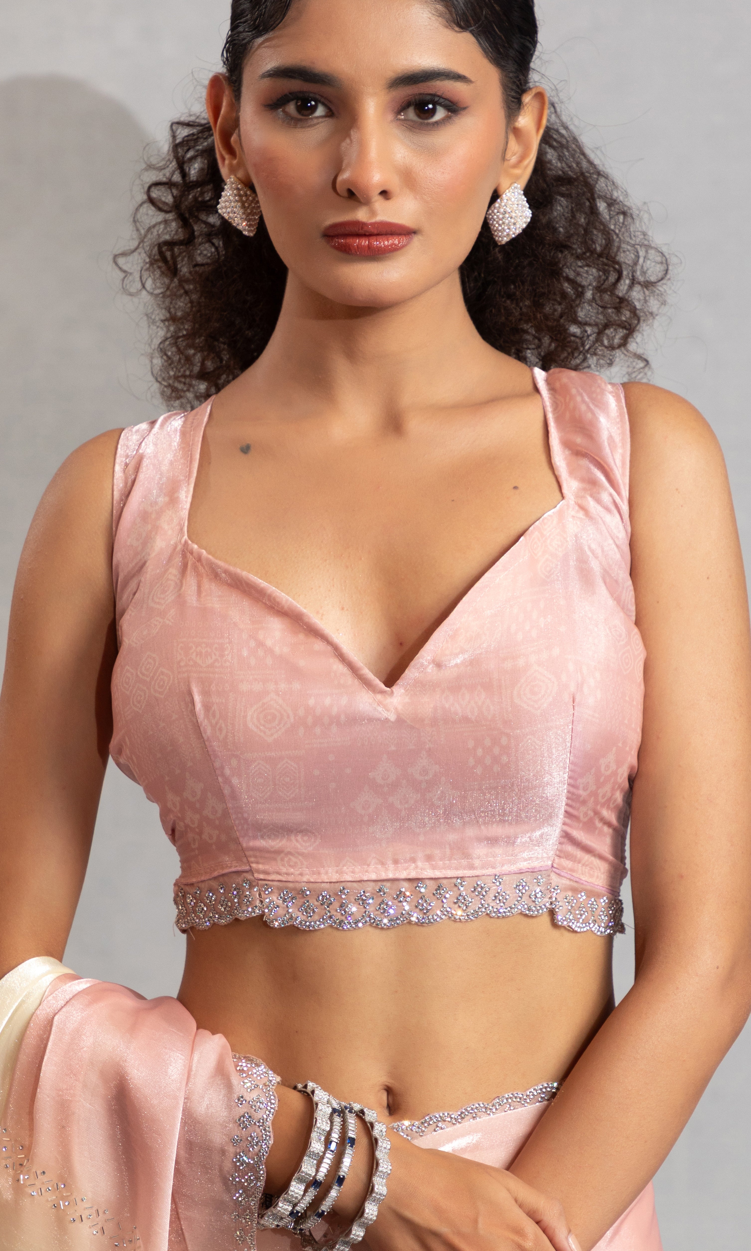 Baby Pink and Cream Satin Saree with Hand Work and Beaded Border